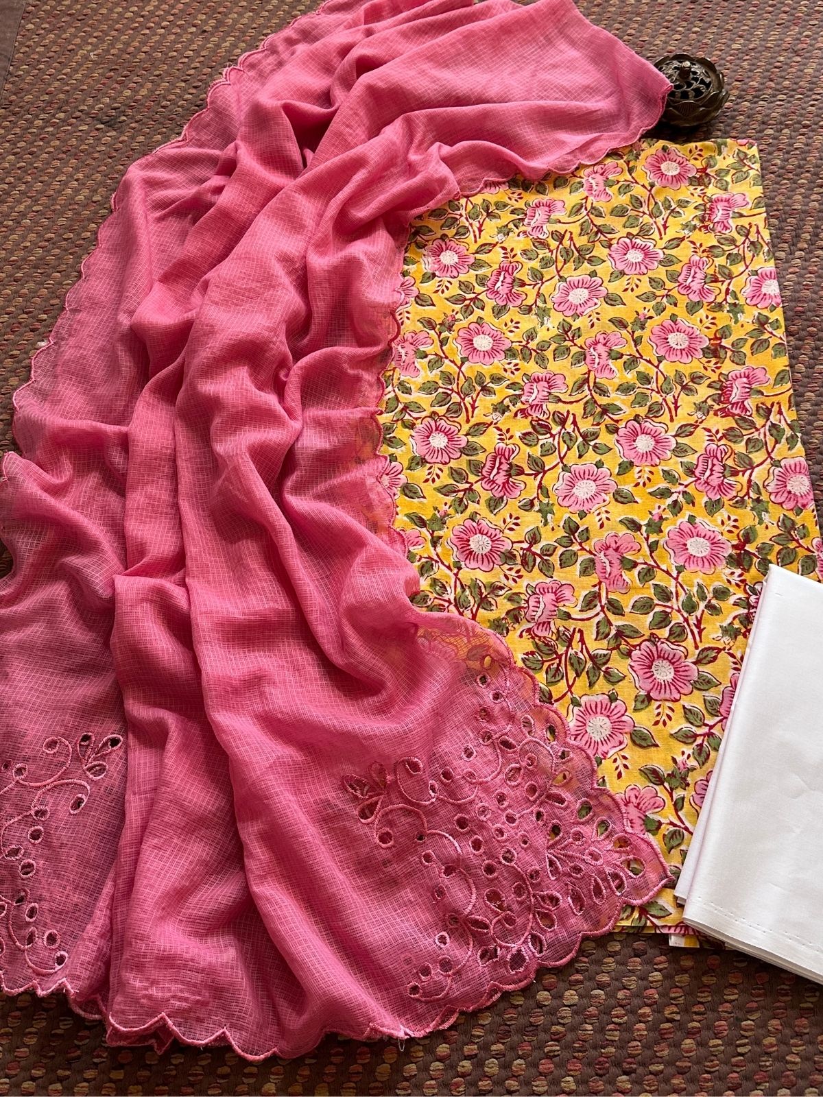 Pure Cotton Hand-blocked Fabric Set with Cutwork Kota Doria Dupatta