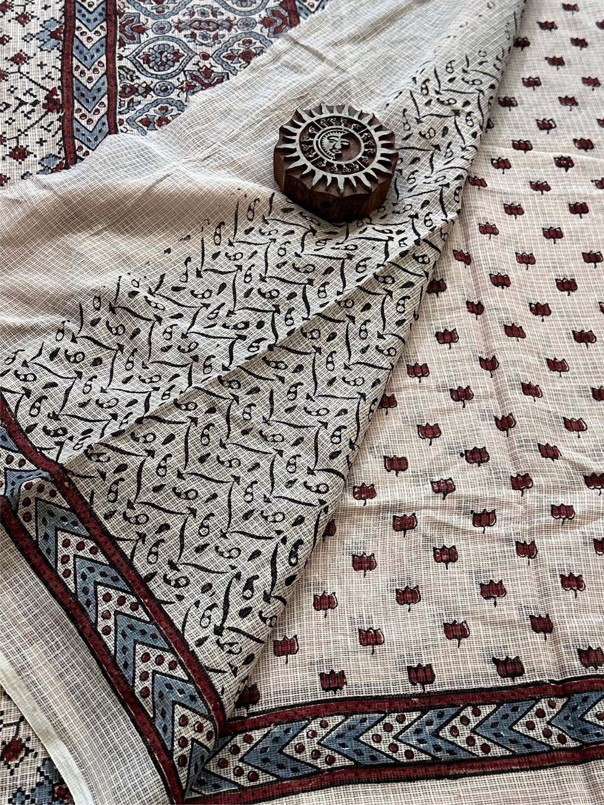 Ajrak Handblocked Kota Doria Embroidered Saree with Blouse Fabric