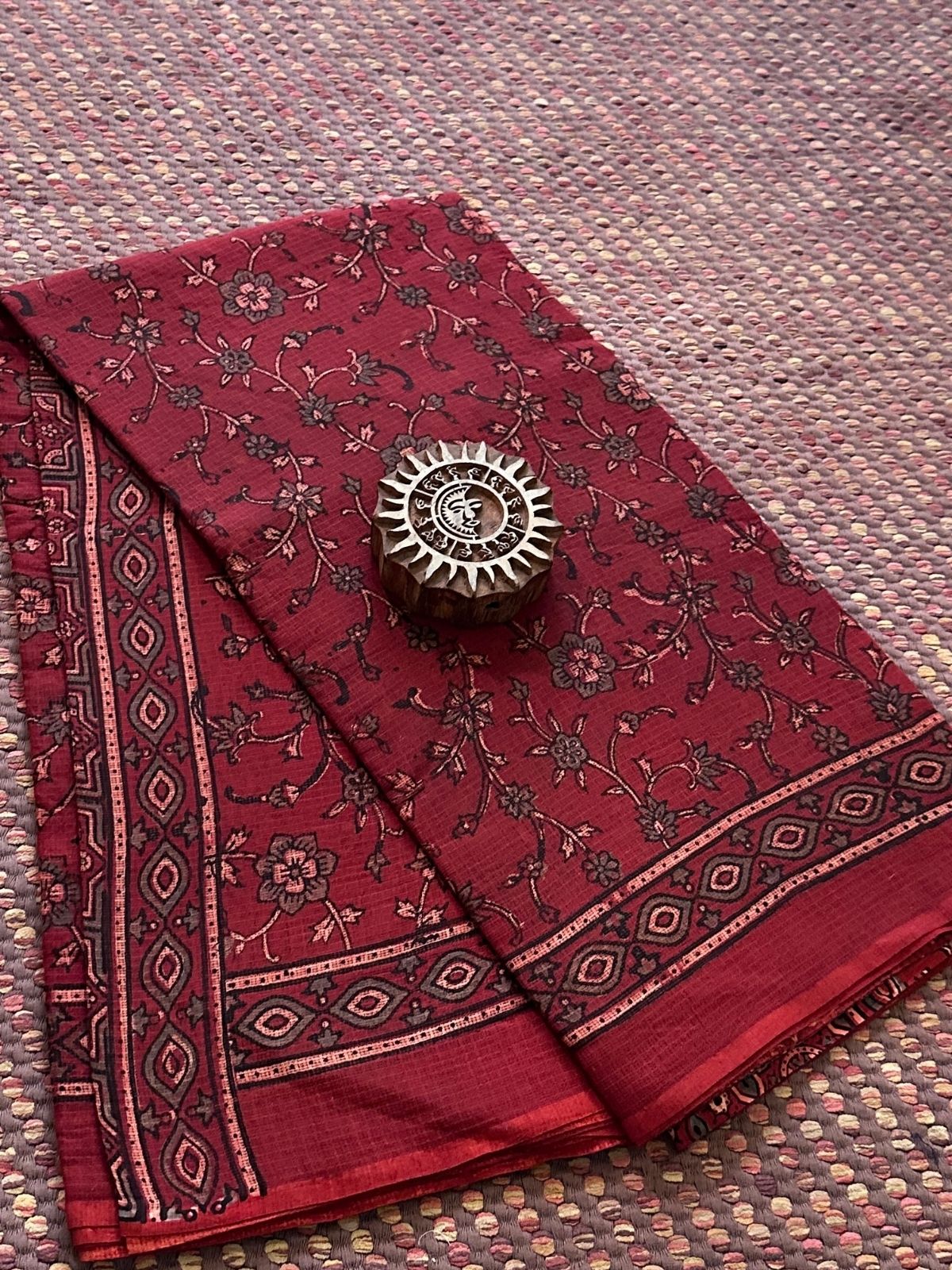 Ajrak Handblocked Kota Doria Embroidered Saree with Blouse Fabric