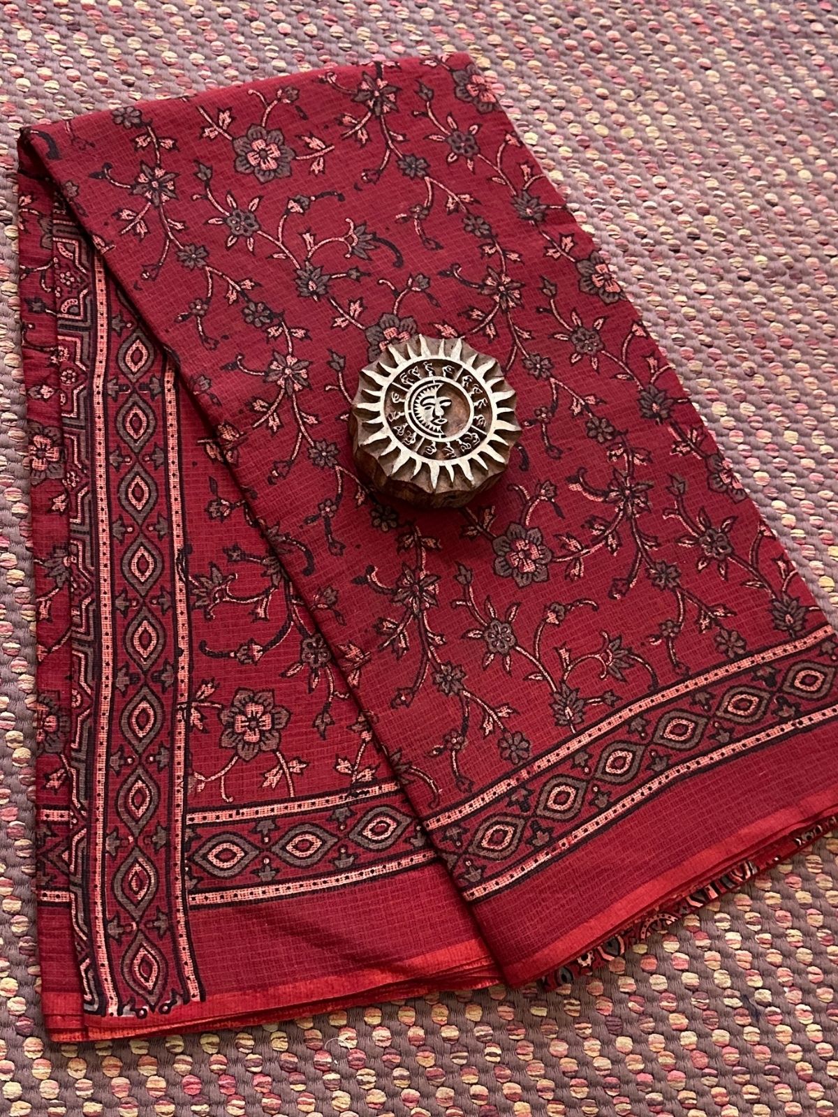 Ajrak Handblocked Kota Doria Embroidered Saree with Blouse Fabric