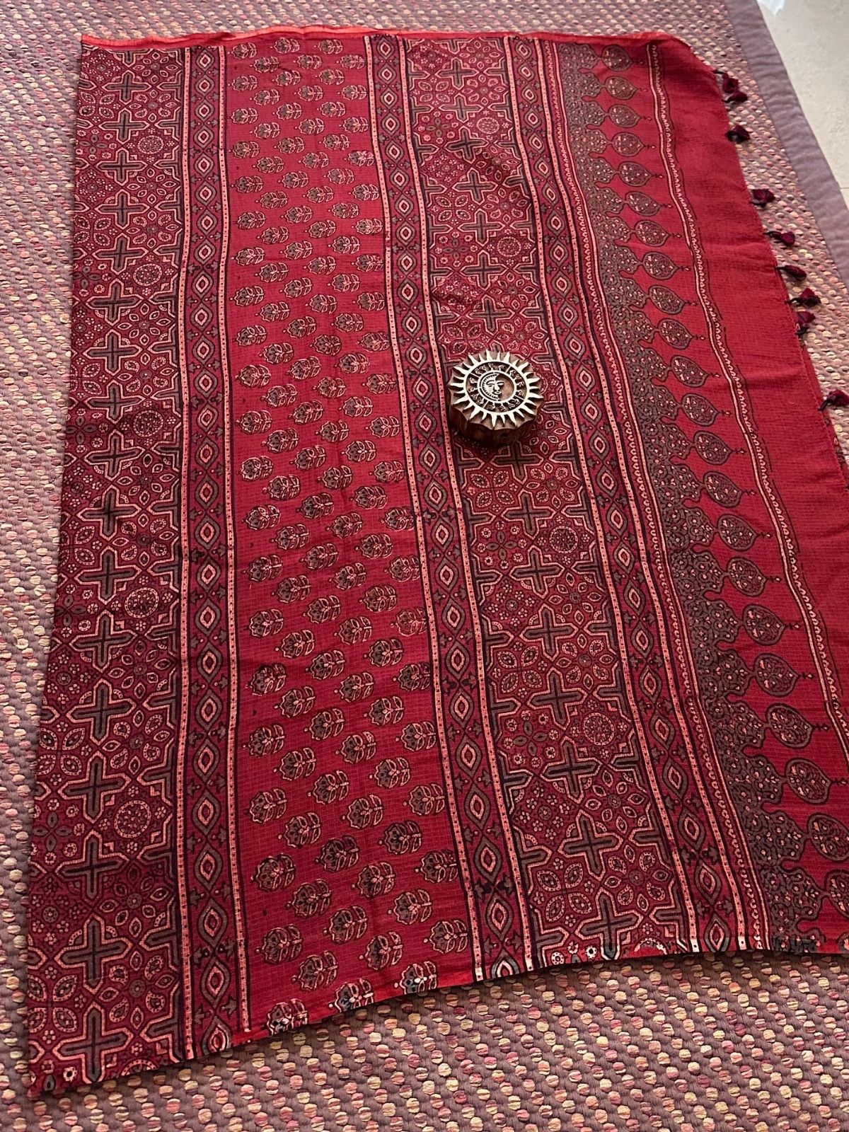 Ajrak Handblocked Kota Doria Embroidered Saree with Blouse Fabric