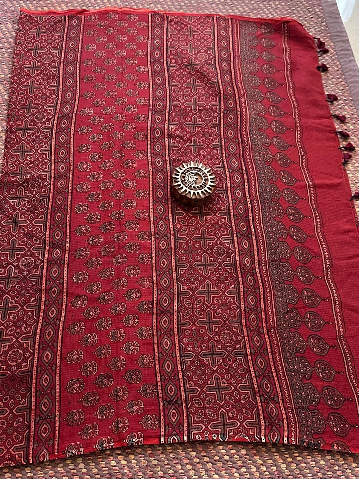 Ajrak Handblocked Kota Doria Embroidered Saree with Blouse Fabric
