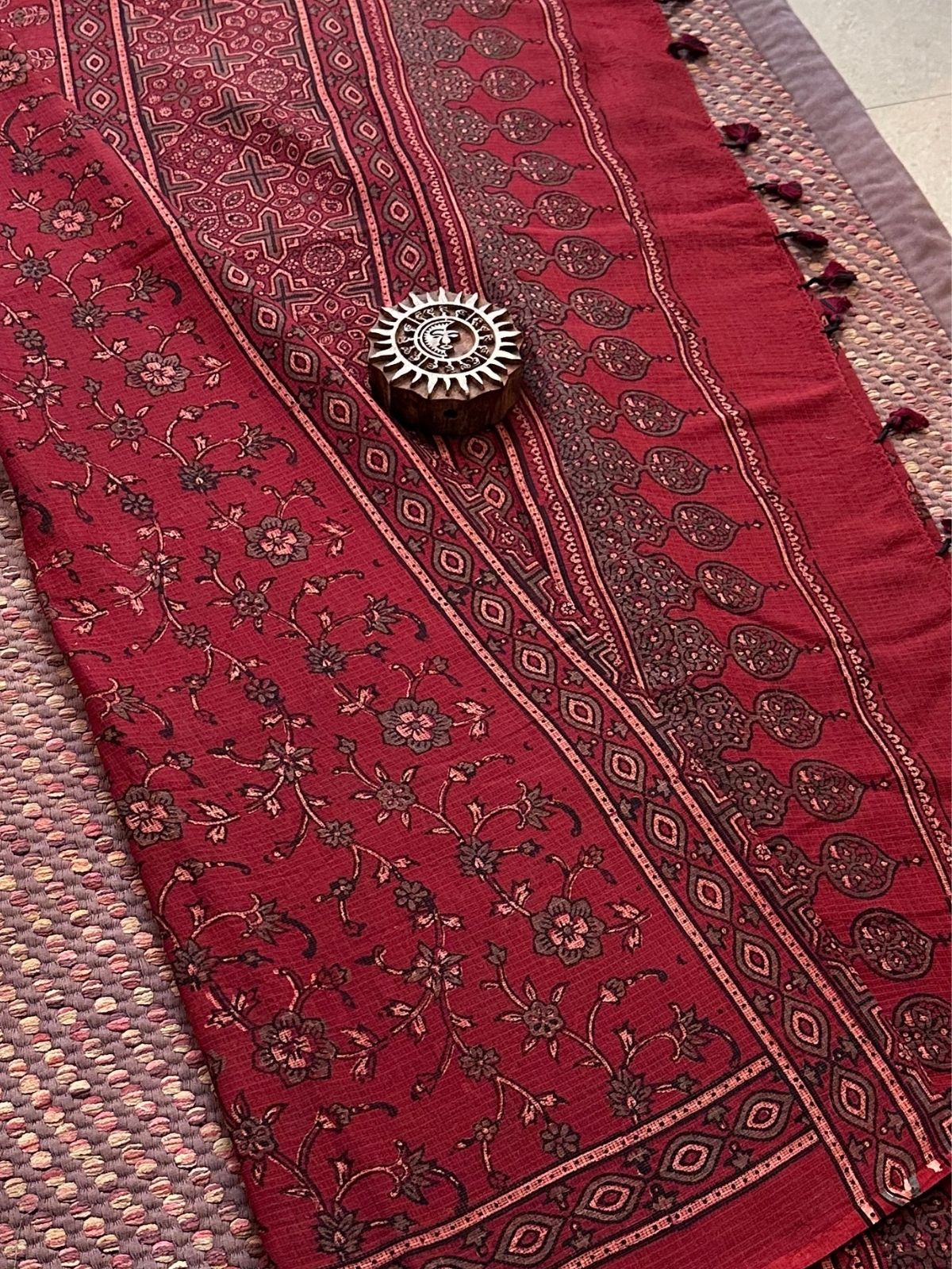 Ajrak Handblocked Kota Doria Embroidered Saree with Blouse Fabric