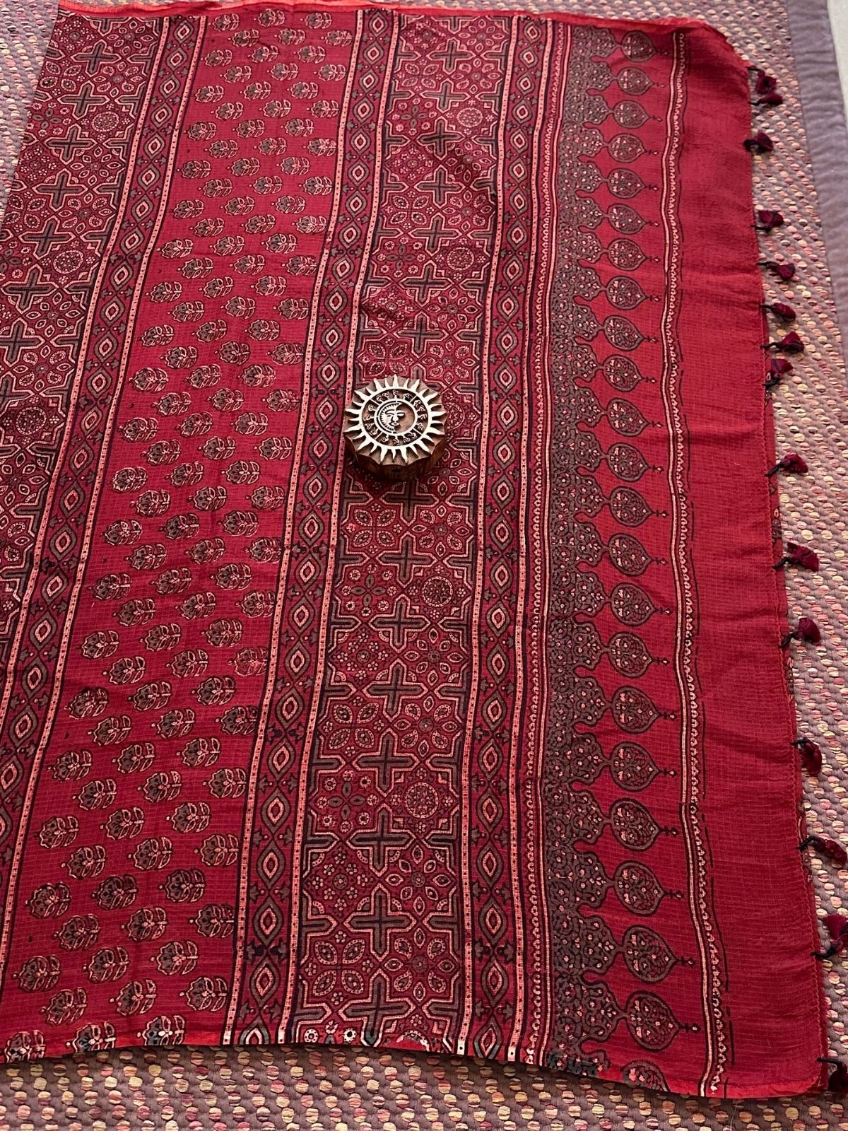 Ajrak Handblocked Kota Doria Embroidered Saree with Blouse Fabric