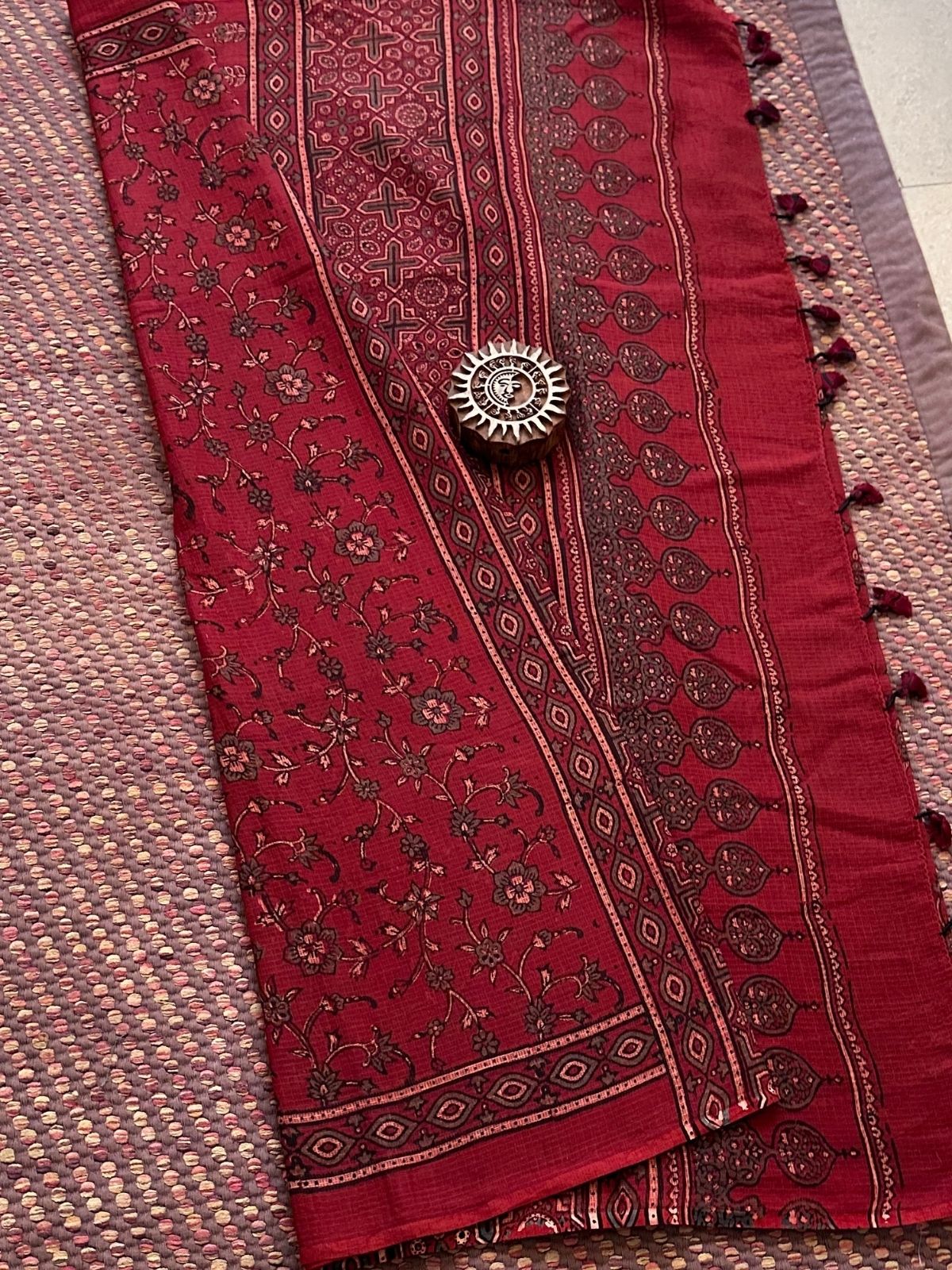 Ajrak Handblocked Kota Doria Embroidered Saree with Blouse Fabric