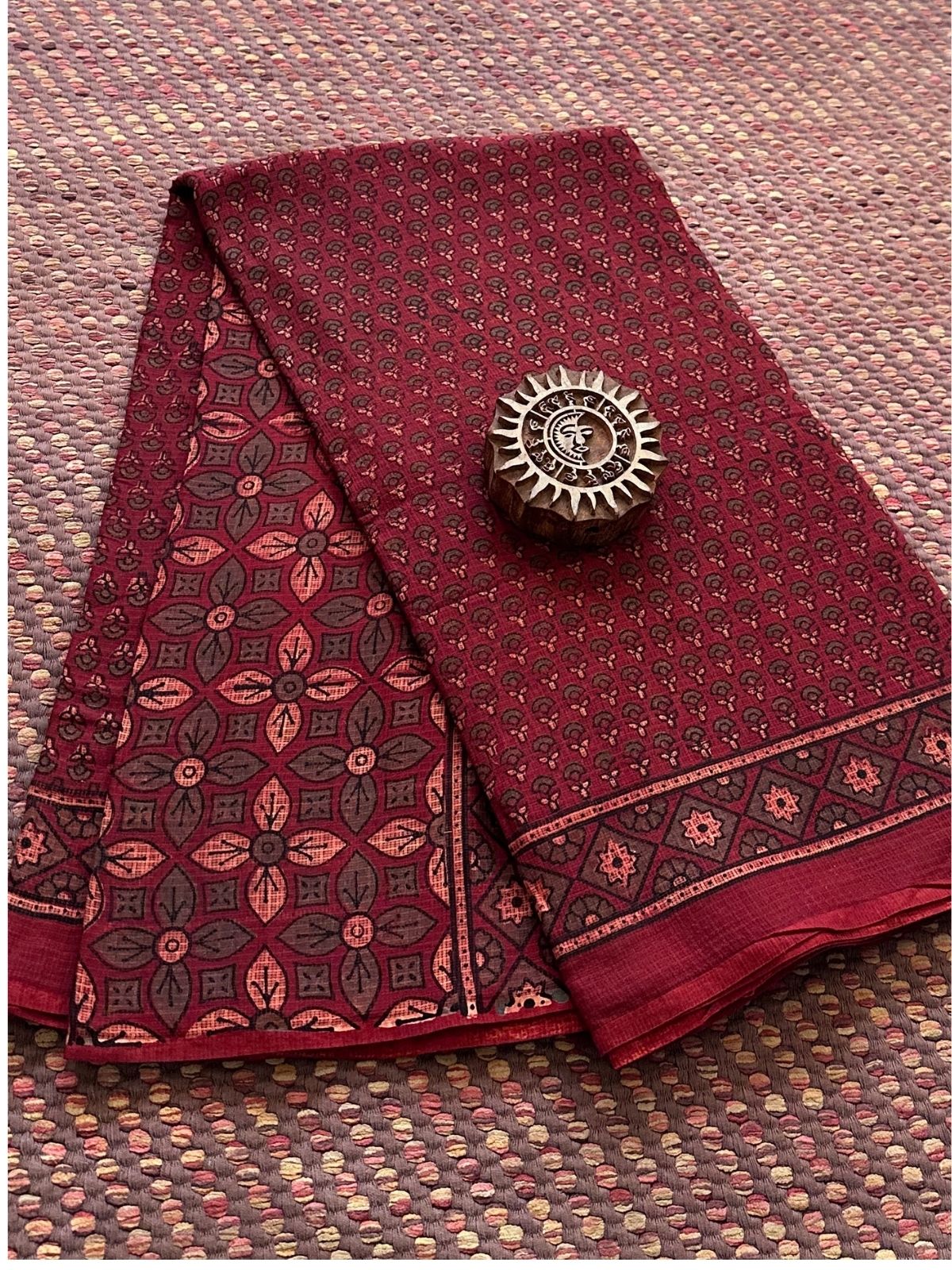 Ajrak Handblocked Kota Doria Embroidered Saree with Blouse Fabric