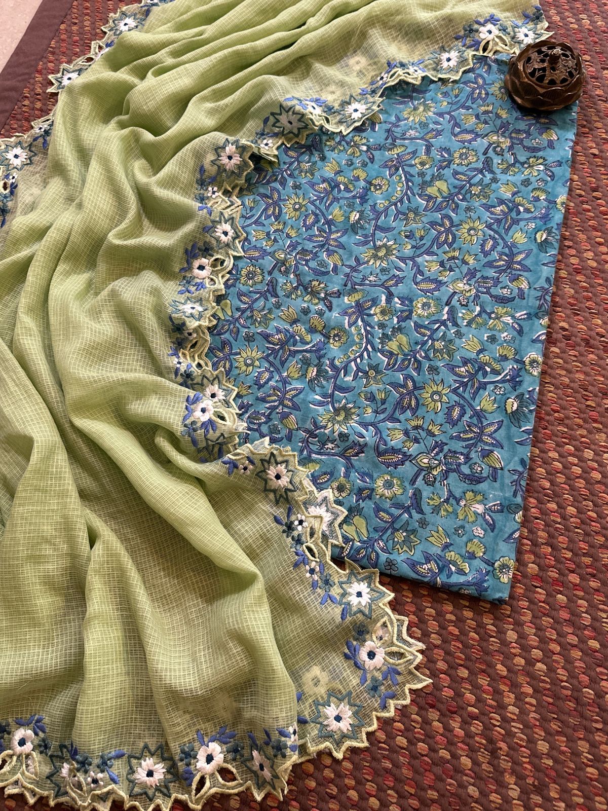 Pure Cotton Handblock Fabric with Exclusive Cutwork Embroidered Dupatta