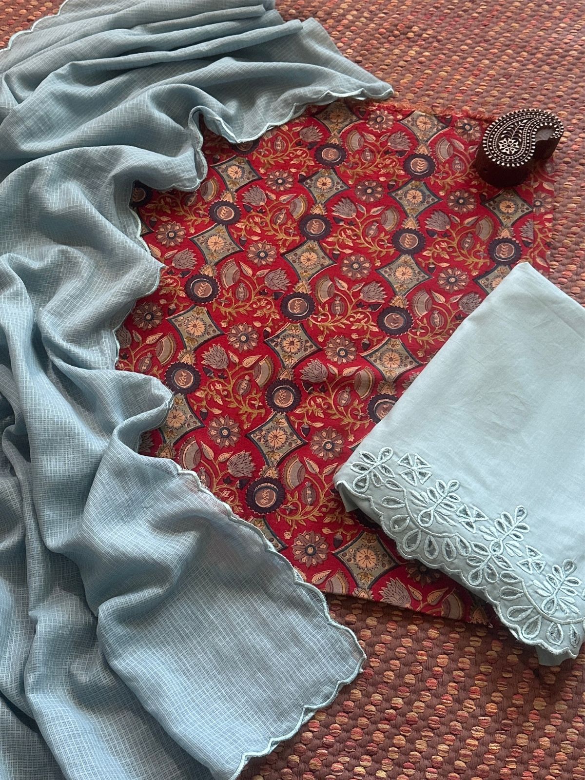 Pure Cotton Malmal Hand-blocked Fabric with Cutwork Bottom & Kota Doria Dupatta