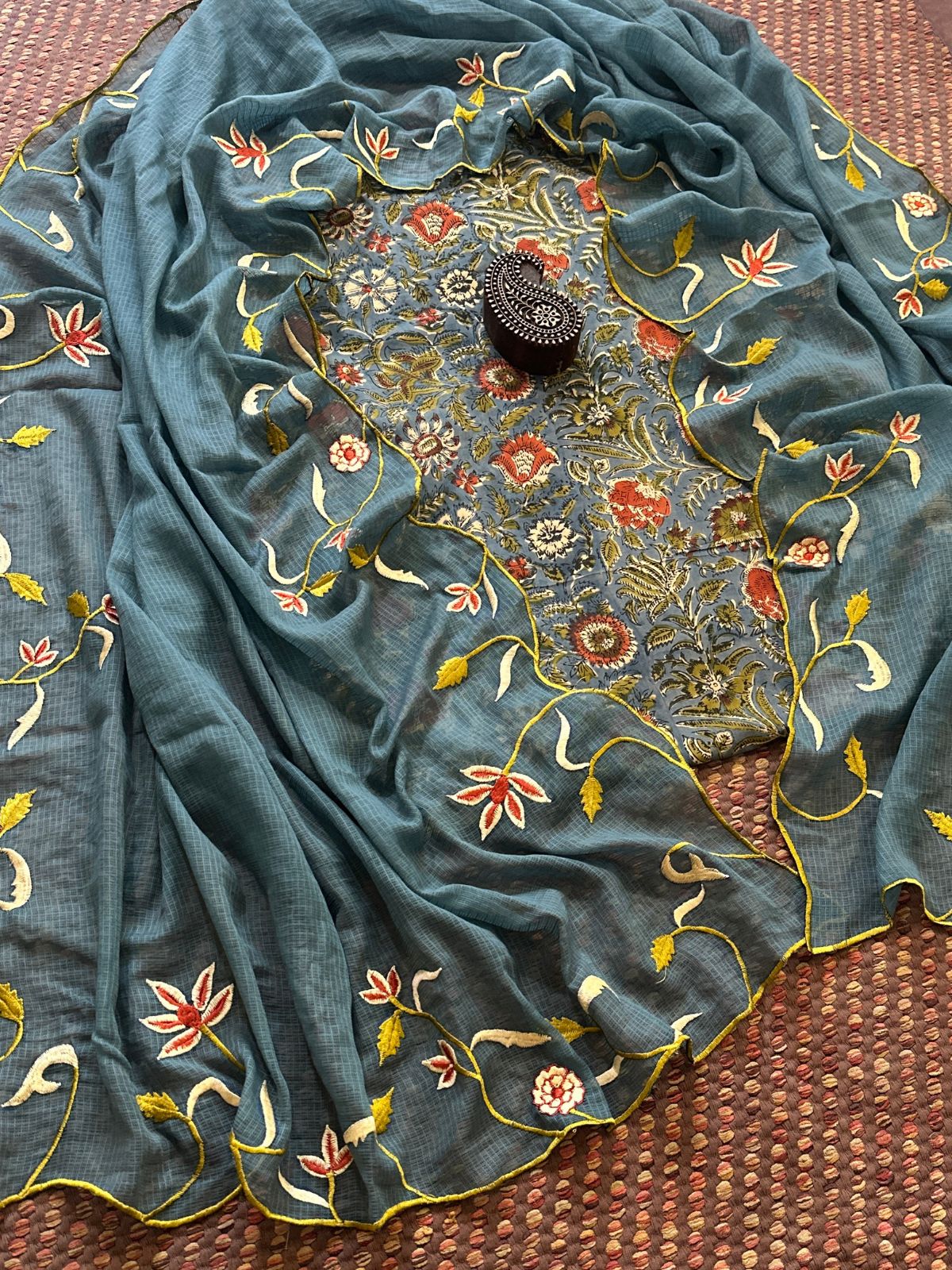 Pure Cotton Hand-blocked Fabric with Embroidered Dupatta
