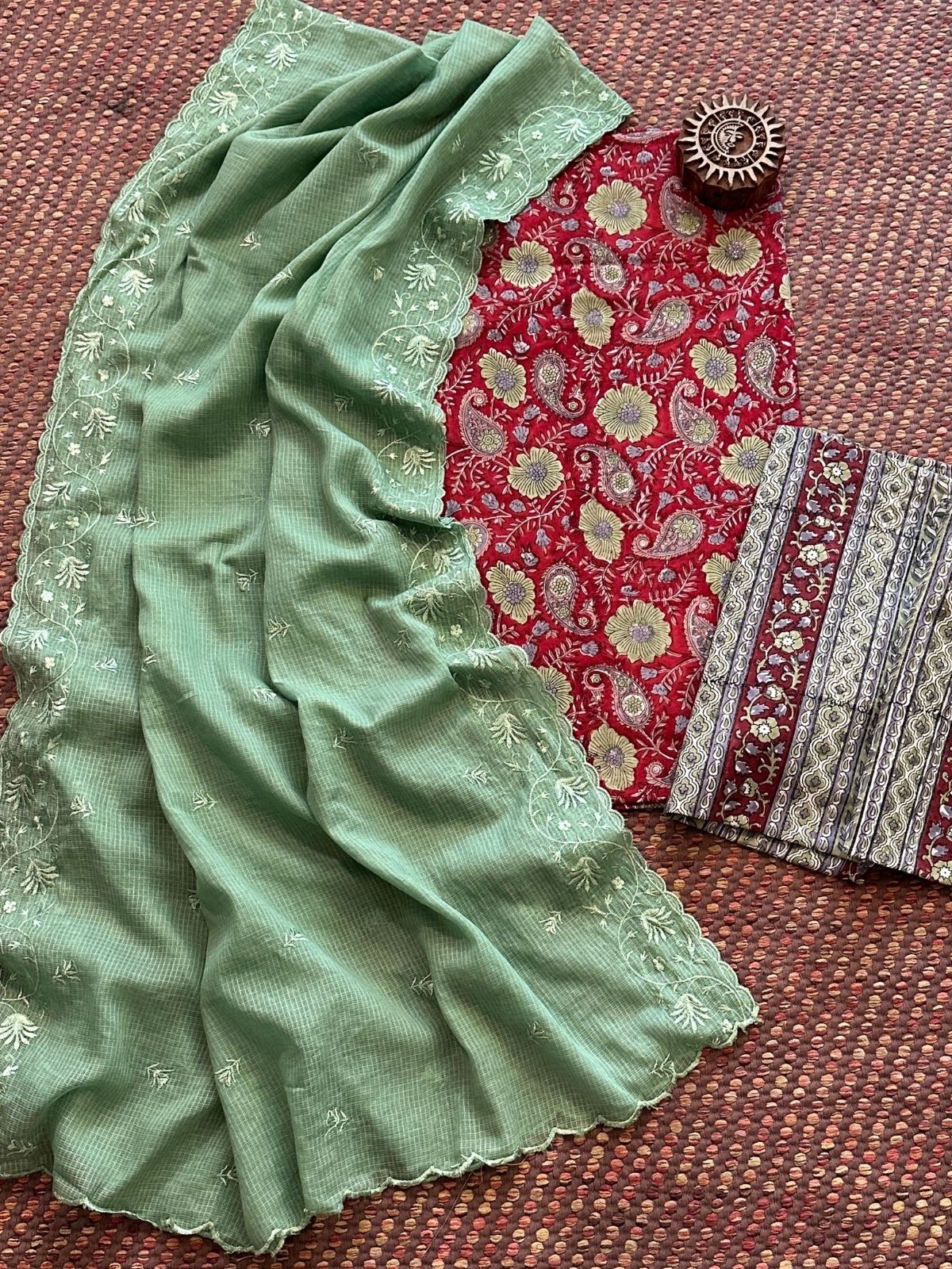 Pure Cotton Hand Blocked Set with Embroidered Dupatta