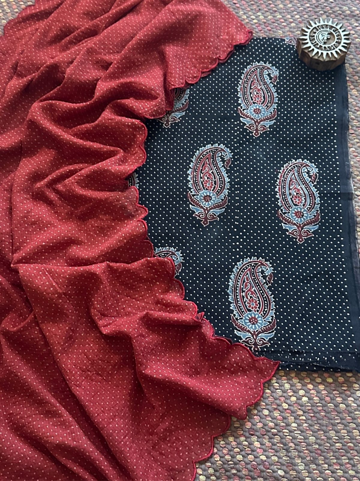 Ajrakh Cotton Malmal Handblocked Set- Top & Dupatta