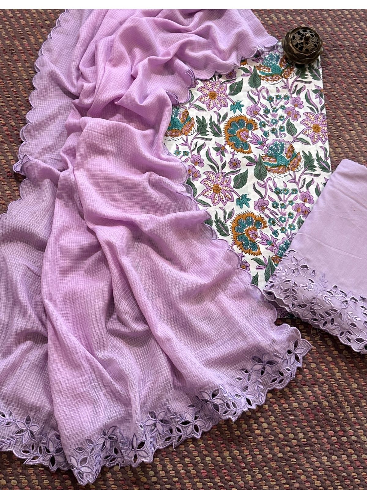 Pure Cotton Malmal Hand-blocked Fabric with Cutwork Bottom & Kota Doria Dupatta