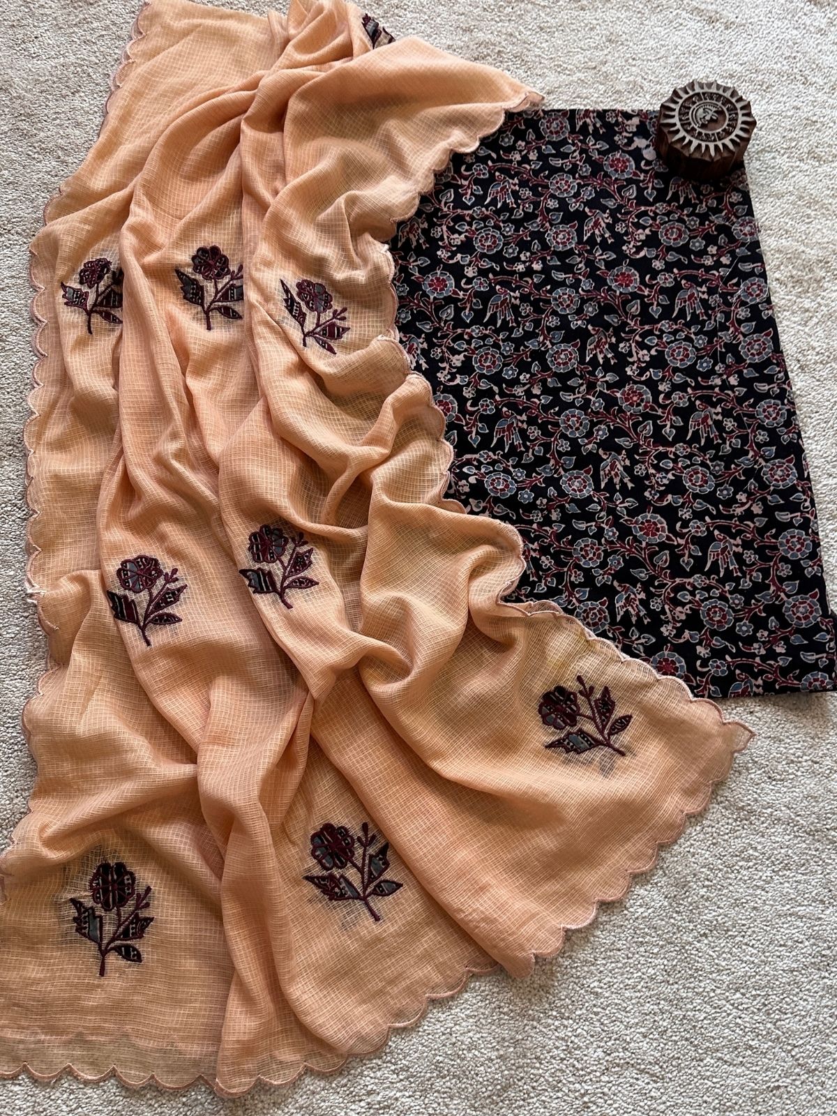Bagh Set- Ajrak Fabric with Applique Embroidered Dupatta