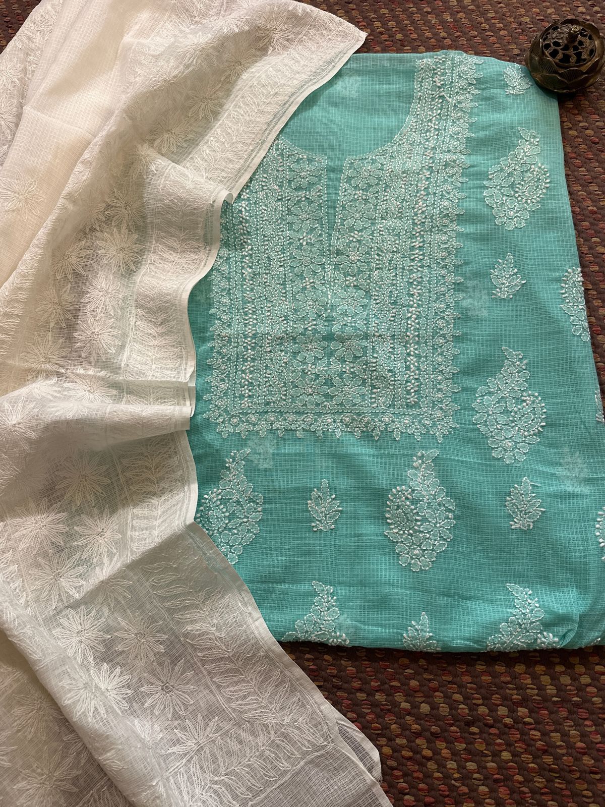 Chikankari Hand Embroidered Fabric with Kota Embroidered Dupatta