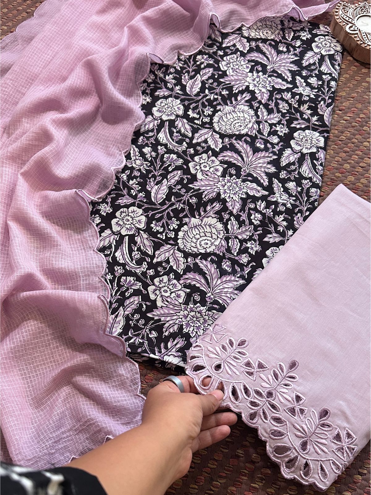 Pure Cotton Hand-blocked Fabric with Cutwork Bottom & Kota Doria Dupatta