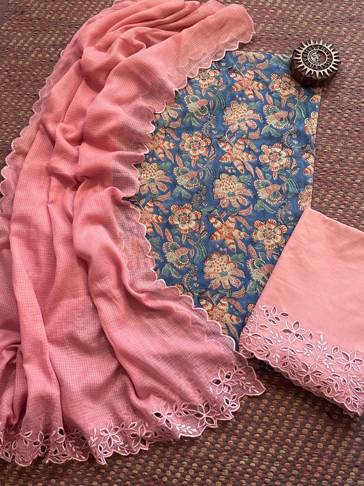 Pure Cotton Malmal Hand-blocked Fabric with Cutwork Bottom & Kota Doria Dupatta