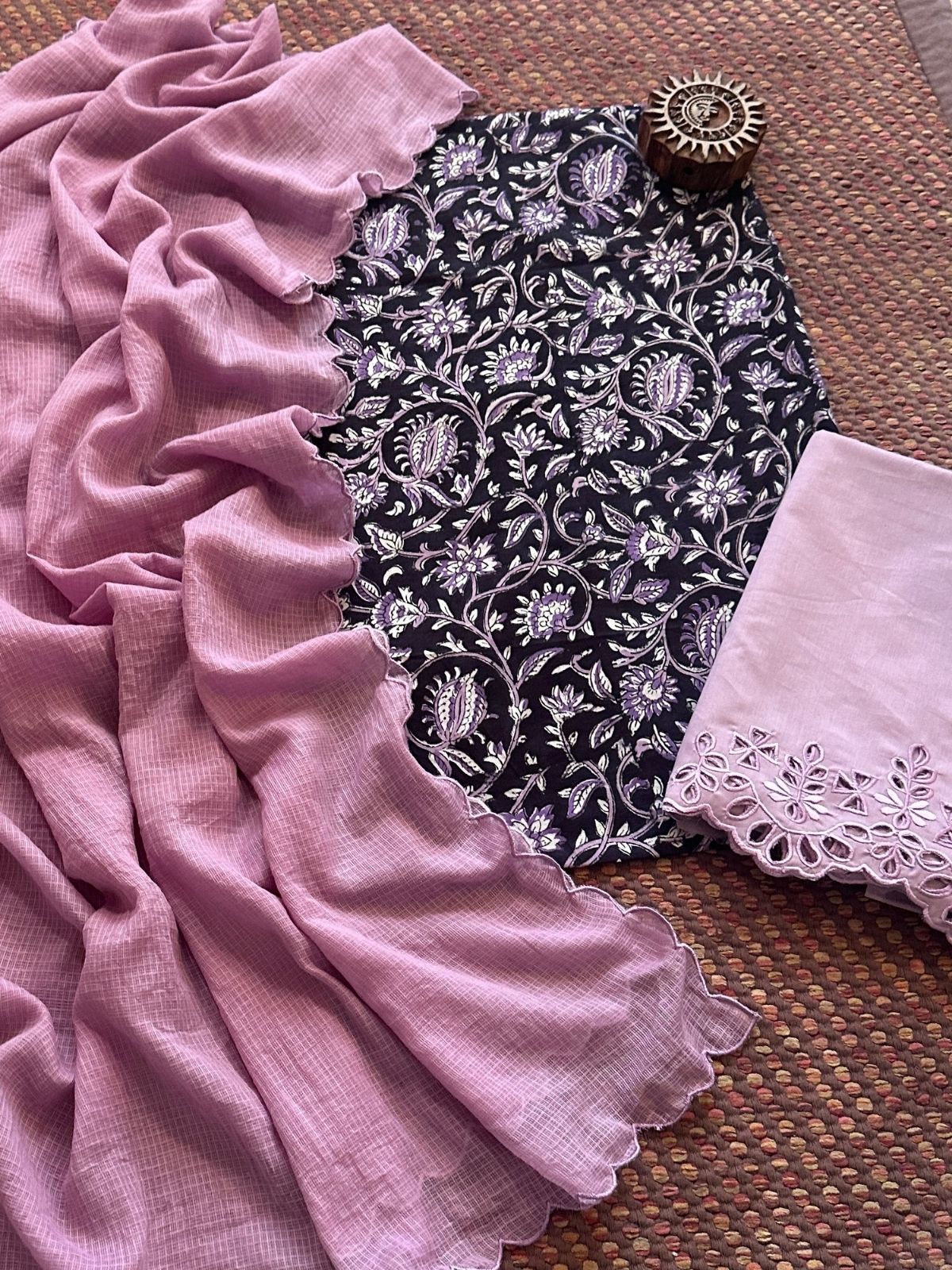 Pure Cotton Hand-blocked Fabric with Cutwork Bottom & Kota Doria Dupatta