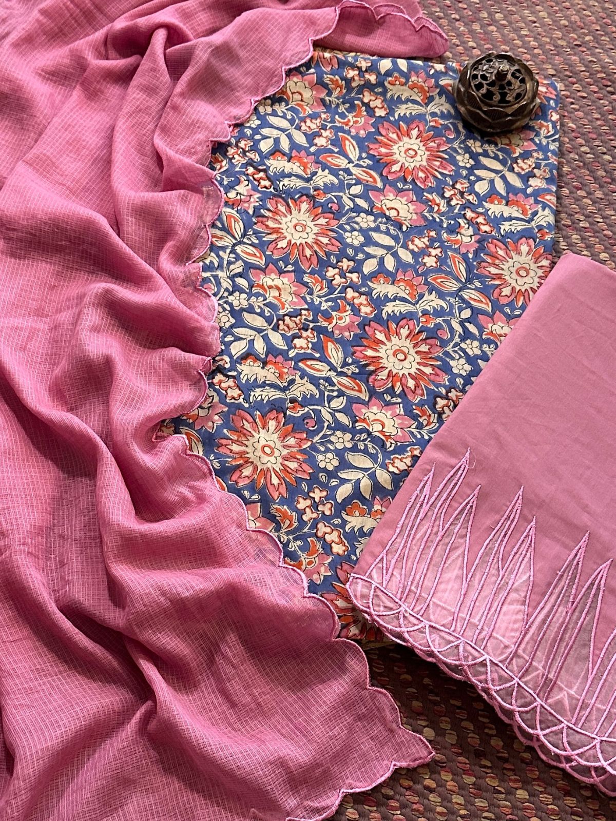 Pure Cotton Hand-blocked Fabric with Cutwork Bottom & Kota Doria Dupatta