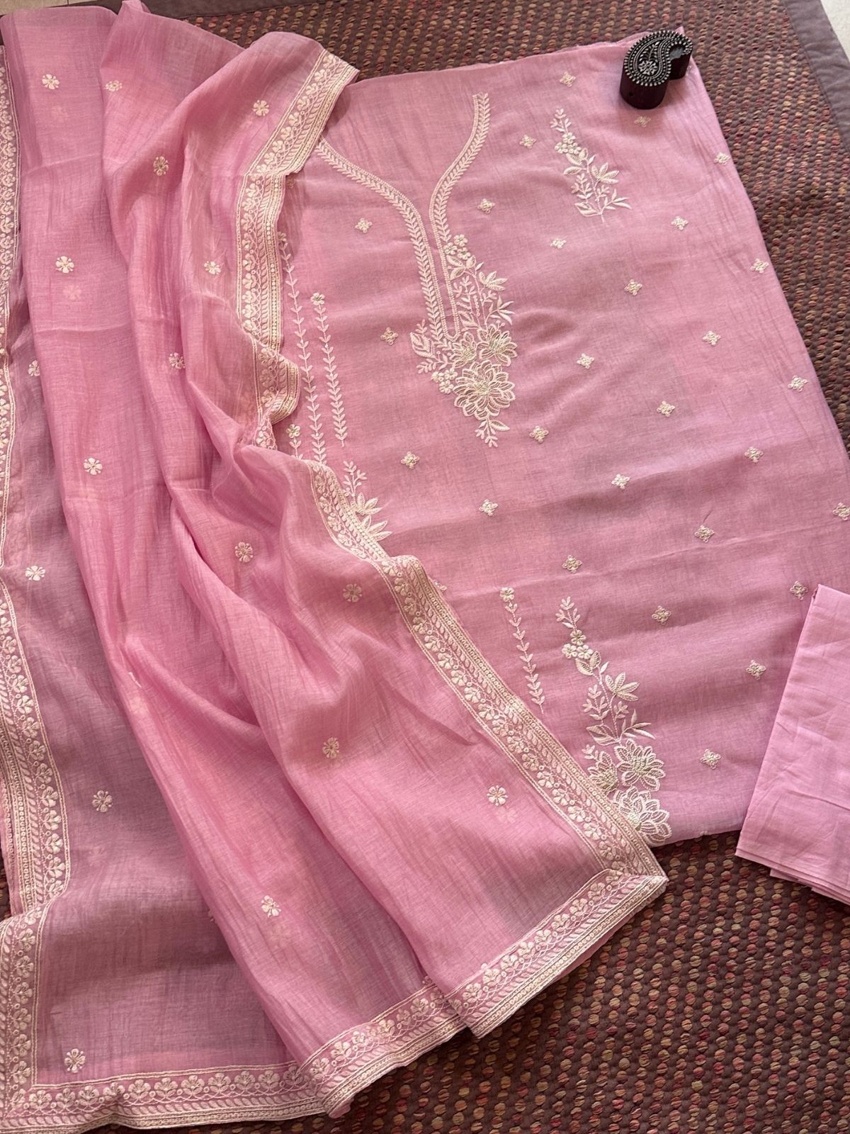Malmal Maheshwari Silk Embroidered Unstitched Set