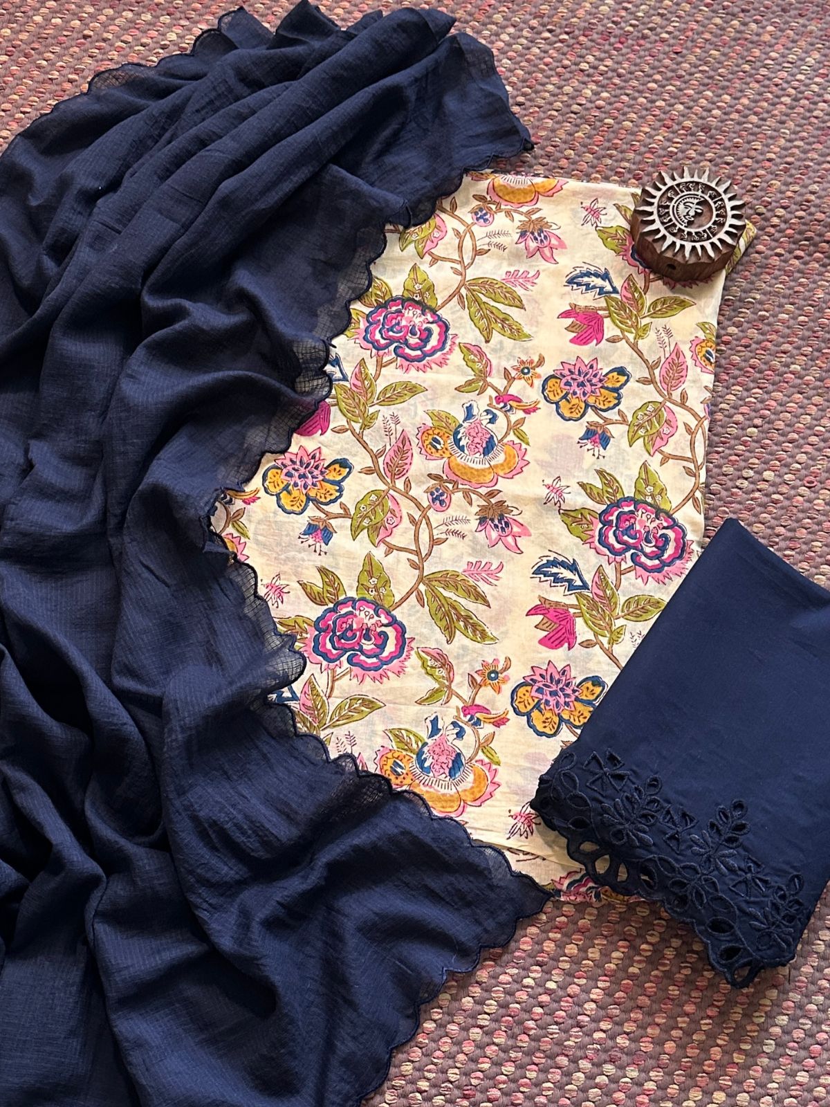 Pure Taj Cotton Hand-blocked Fabric with Cutwork Bottom & Kota Doria Dupatta