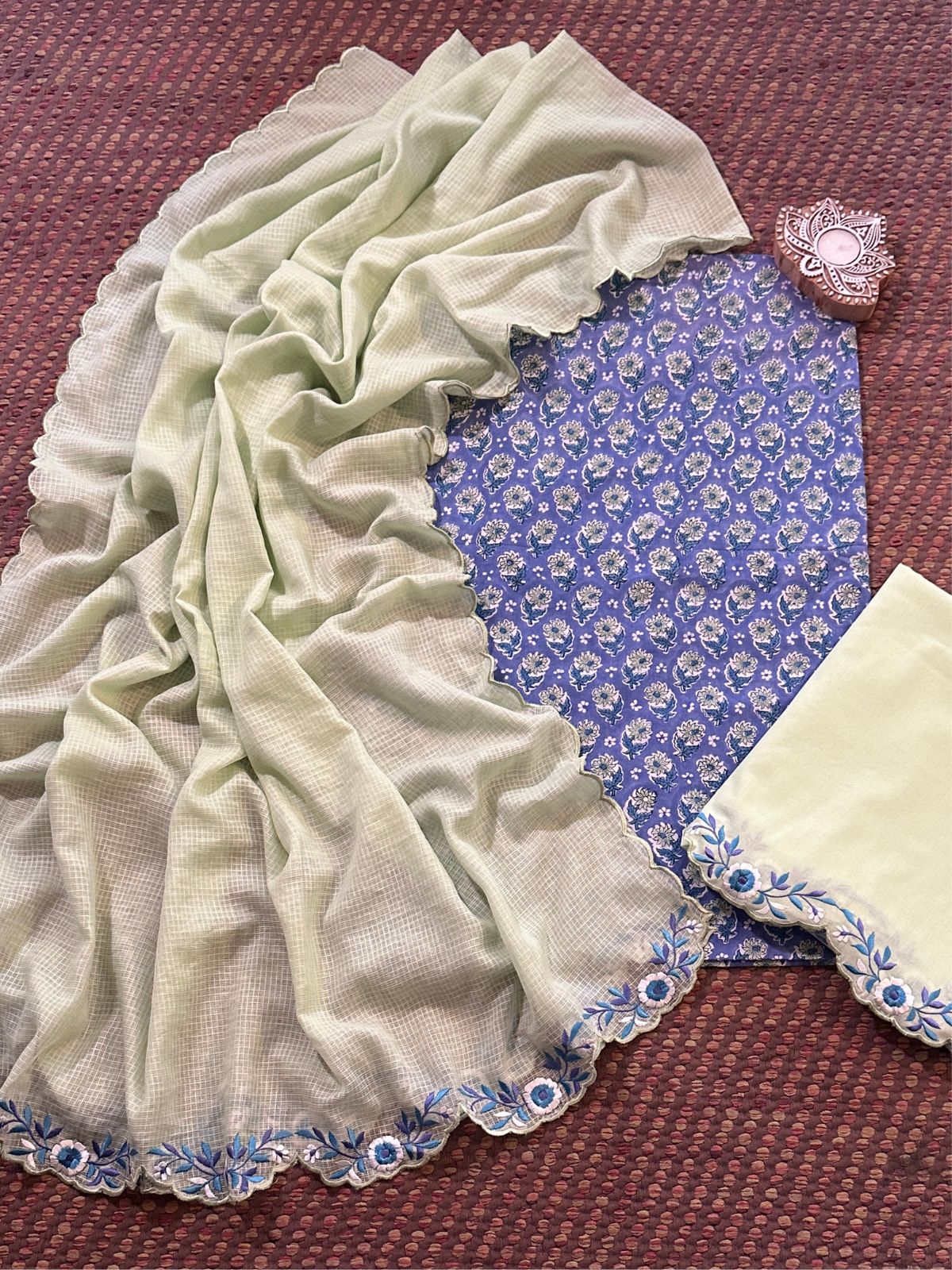 Pure Cotton Hand-block Fabric with Embroidered Bottom & Kota Doria Dupatta