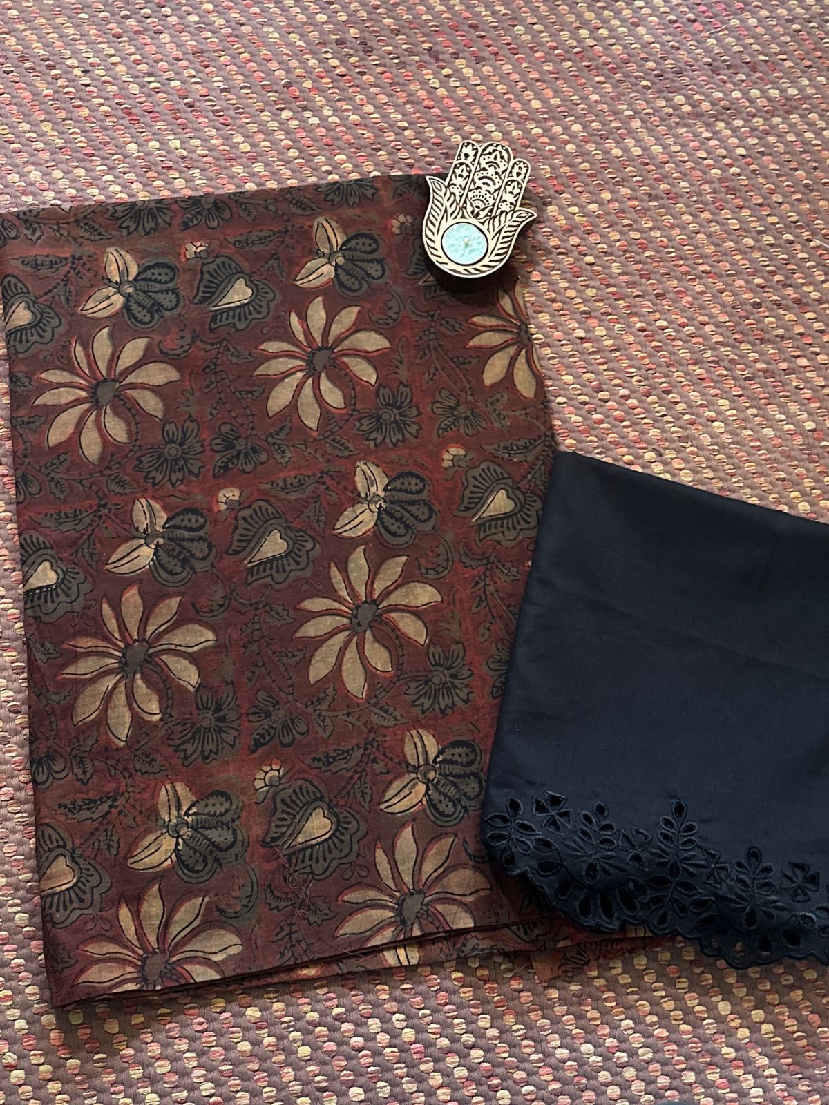 Pure Cotton Malmal Handblocked Fabric with Cutwork Bottom