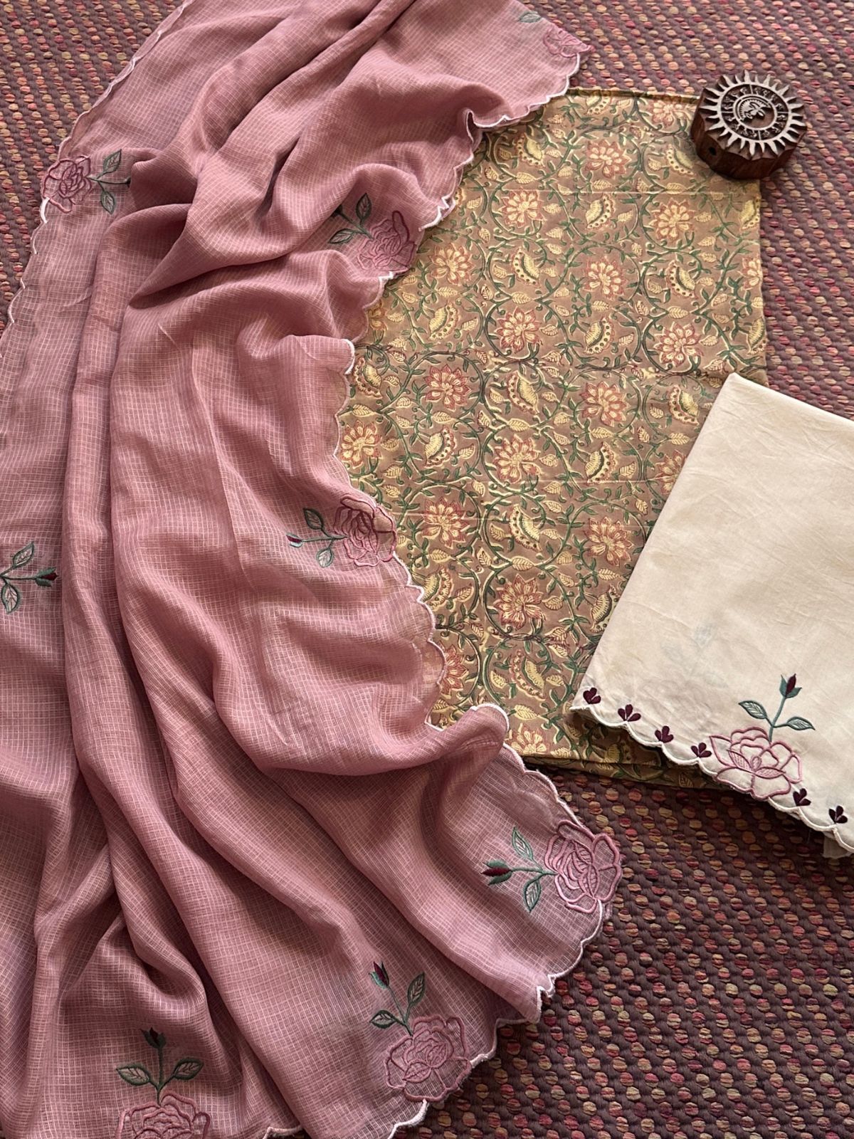 Pure Cotton Malmal Hand-block Fabric with Embroidered Bottom & Kota Doria Dupatta