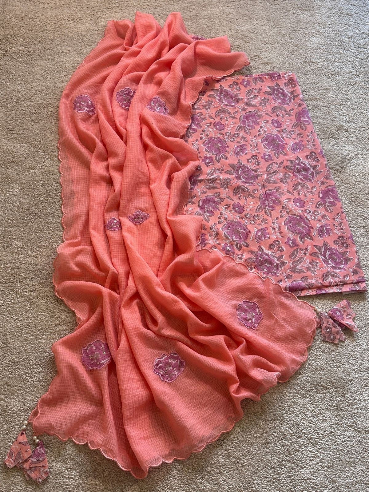 Peach Peony Set- Handblocked Fabric with Applique work Dupatta
