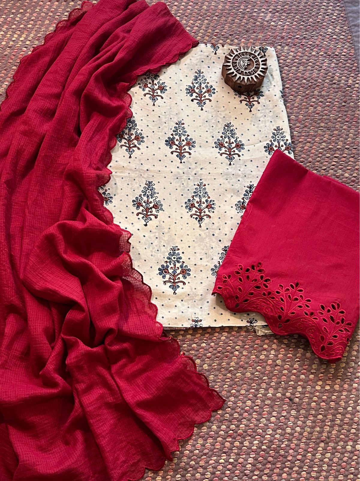 Pure Cotton Malmal  Ajrakh Fabric with Exclusive Cutwork Bottom & Kota Doria Dupatta