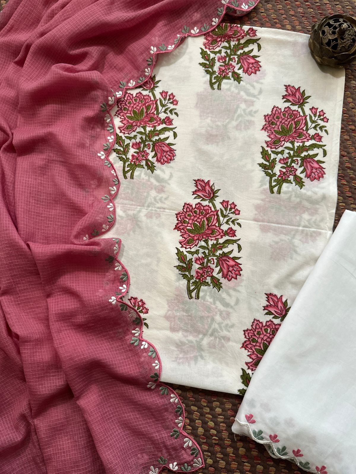 Pure Cotton Hand blocked Set with Embroidered Dupatta