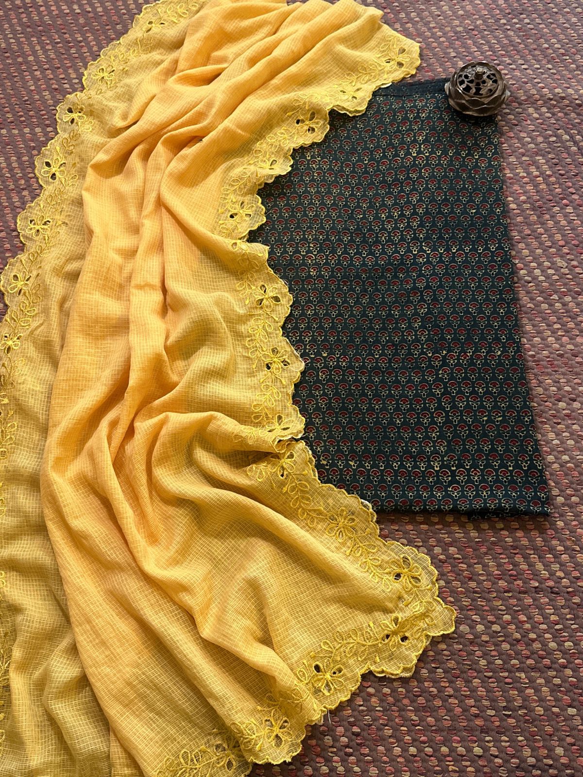 Pure Cotton Malmal Handblock Fabric in Ajrak with Cutwork Embroidered Dupatta