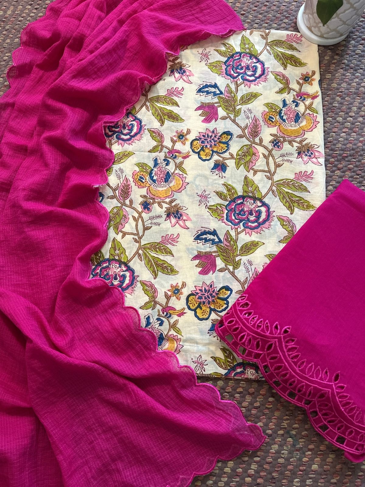 Pure Cotton Malmal Hand-blocked Fabric with Cutwork Bottom & Kota Doria Dupatta