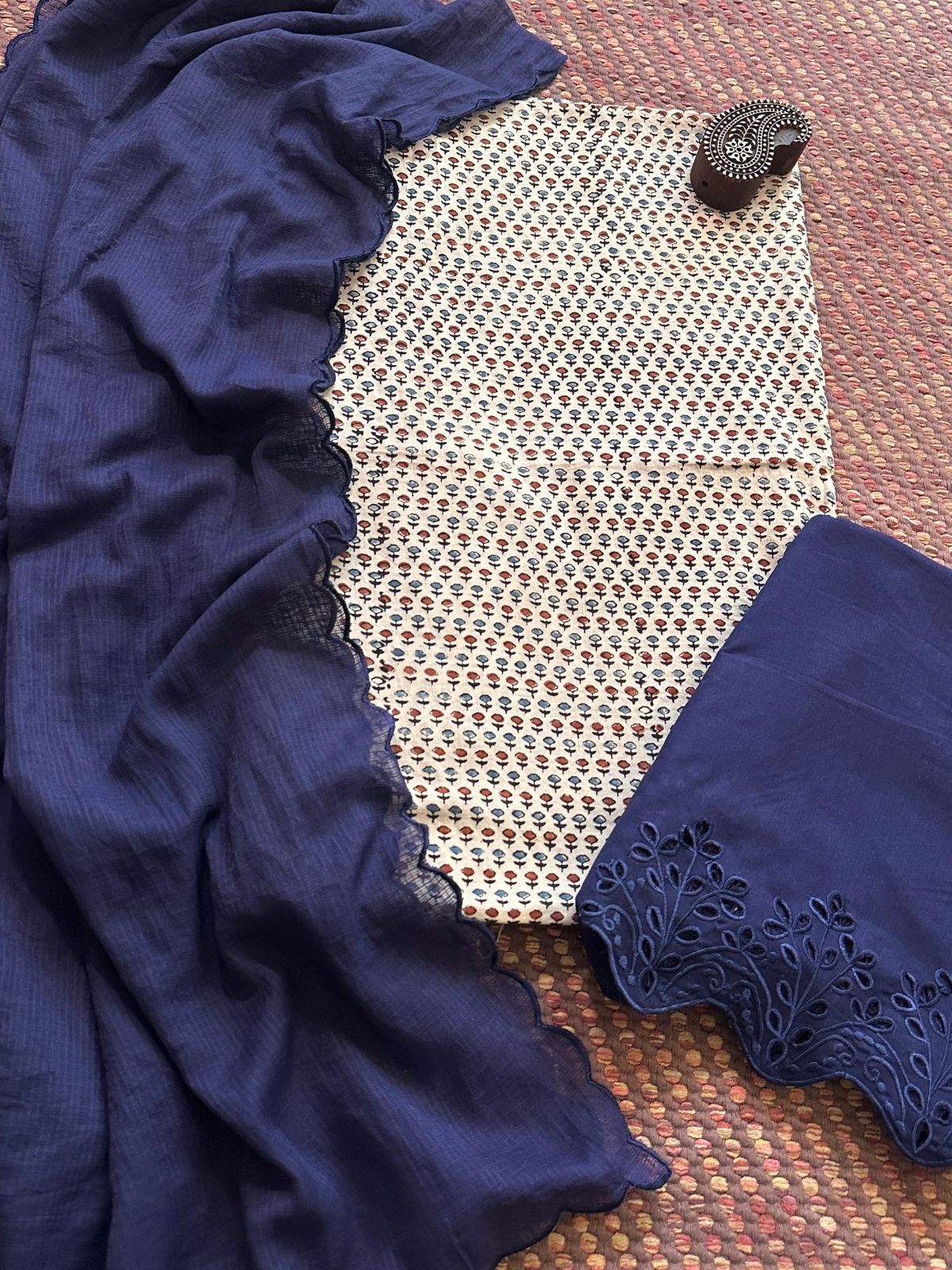Pure Cotton Malmal  Ajrakh Fabric with Exclusive Cutwork Bottom & Kota Doria Dupatta