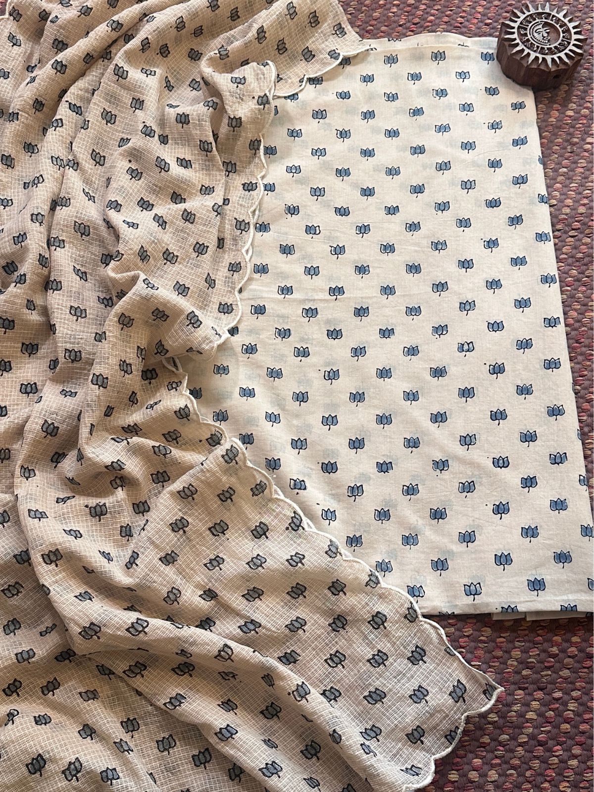 Ajrakh Cotton Malmal Handblocked Set- Top & Dupatta