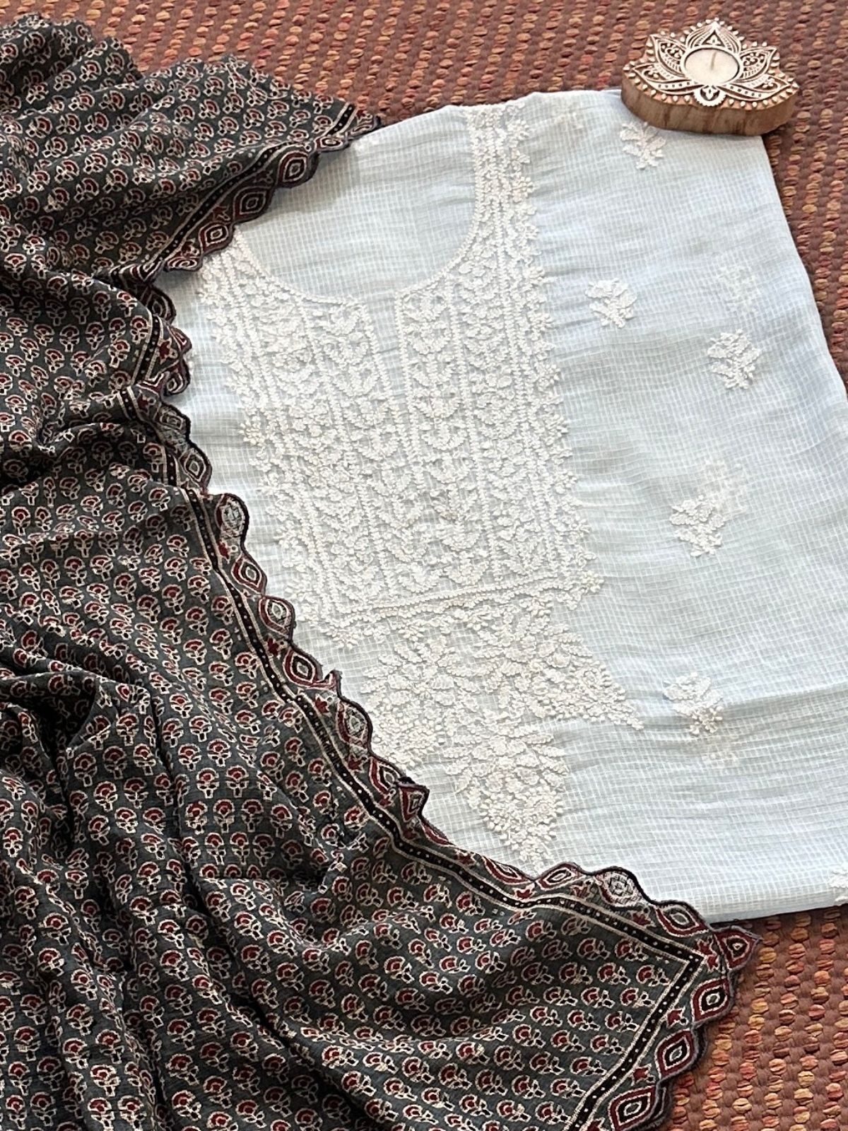 Pastel Blue Chikankari Hand Embroidered Fabric with Ajrak Hadblocked Kota Dupatta