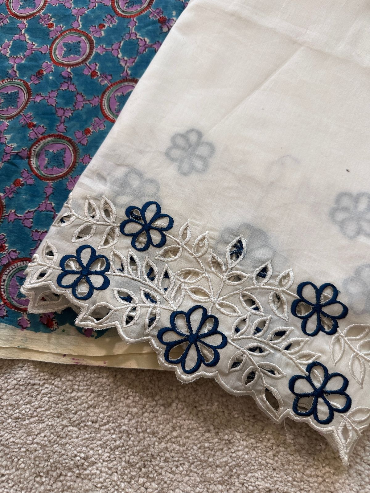 Gulshan Set - Hand blocked Fabric with Cutwork Embroidered Bottom