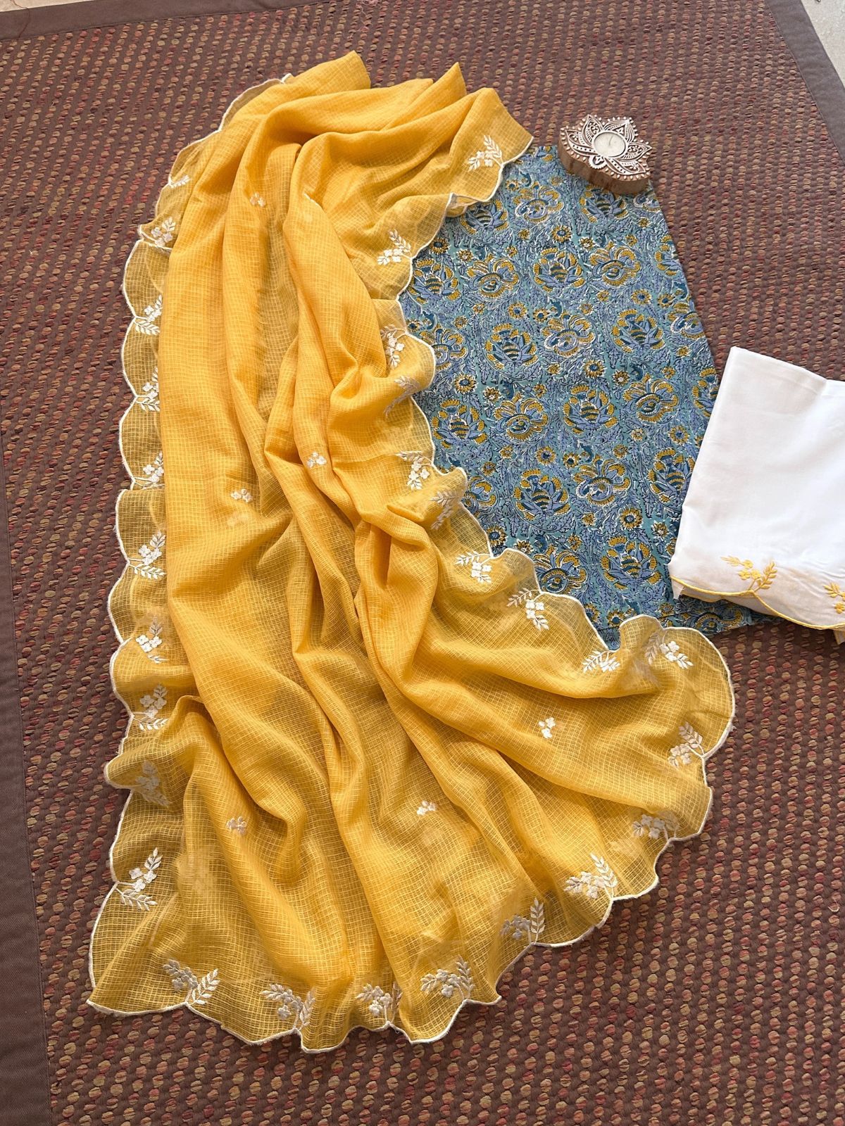 Pure Cotton Malmal Hand-block Fabric with Embroidered Bottom & Kota Doria Dupatta