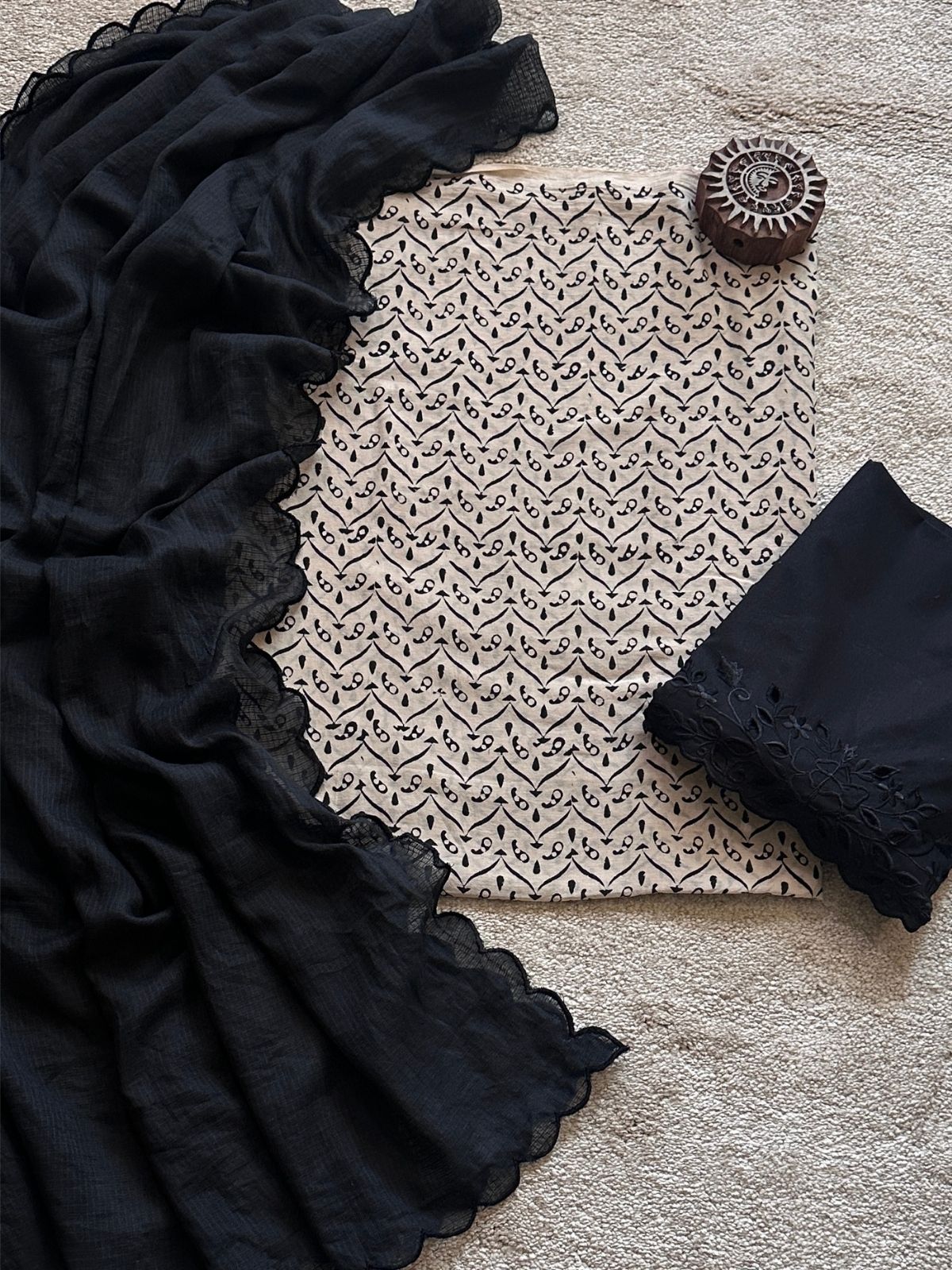 Pure Cotton Malmal  Ajrakh Fabric with Exclusive Cutwork Bottom & Kota Doria Dupatta