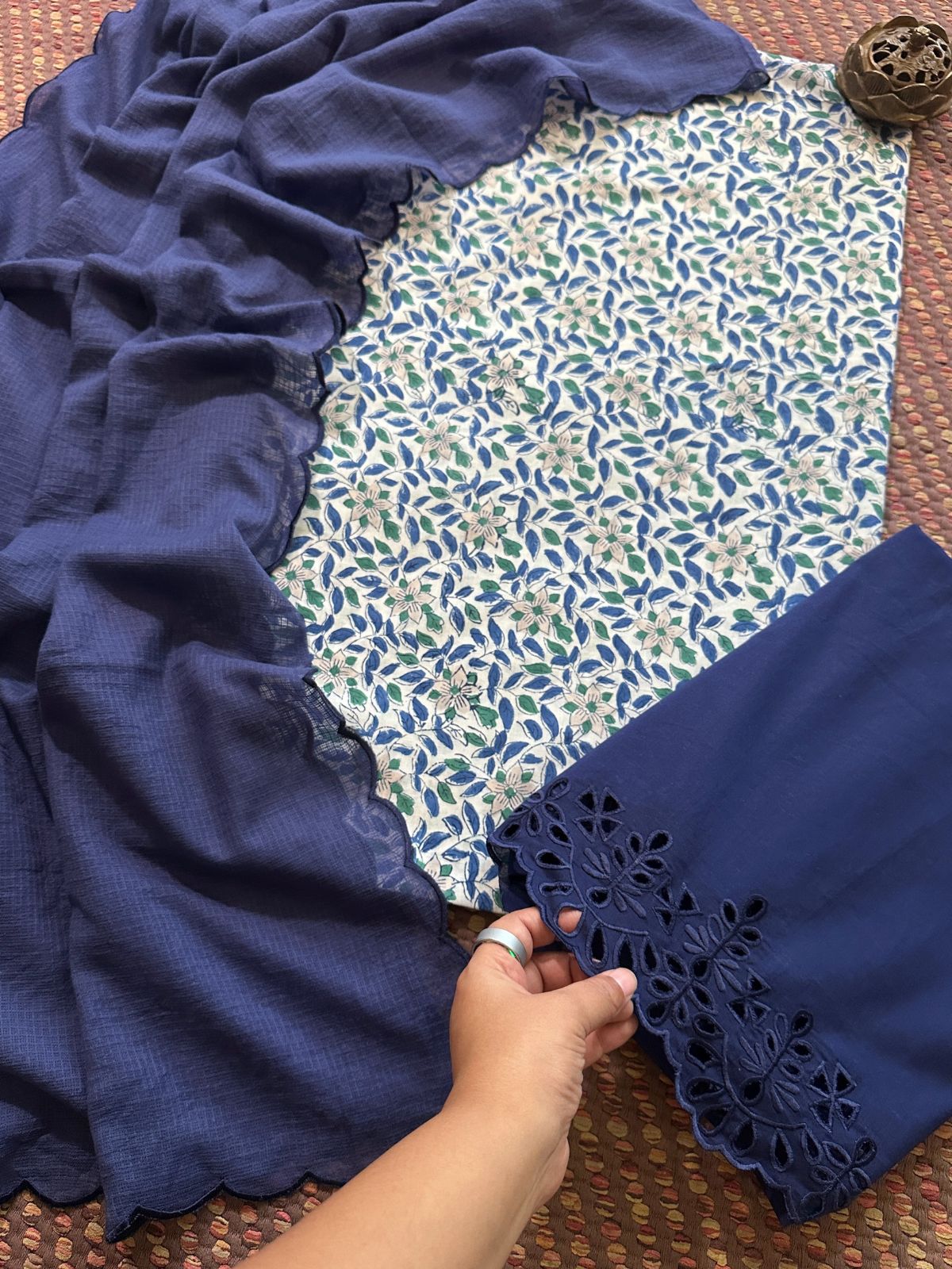 Pure Cotton Hand-blocked Fabric with Cutwork Bottom & Kota Doria Dupatta