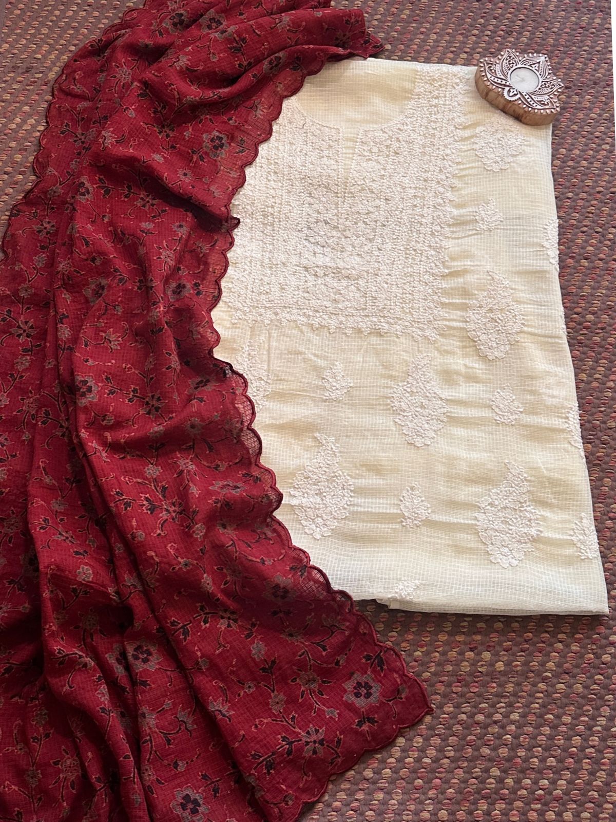 Chikankari Hand Embroidered Kota Doria Fabric with Ajrak Handblocked Kota Dupatta