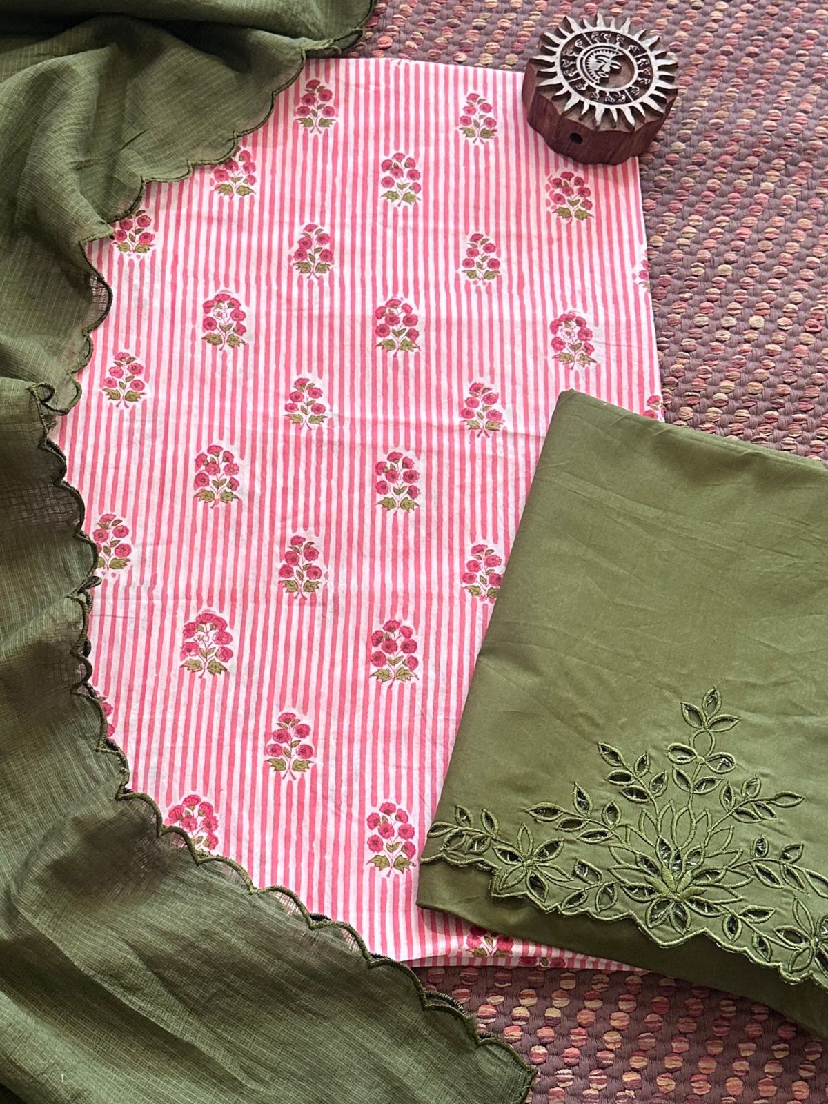 Pure Cotton Hand-blocked Fabric with Cutwork Bottom & Kota Doria Dupatta