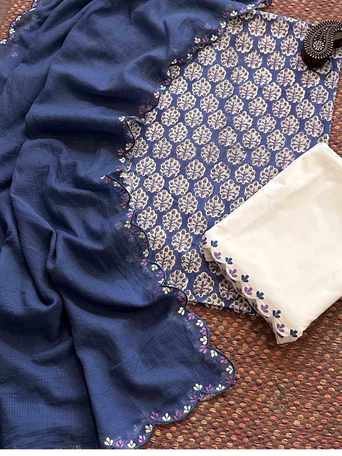 Pure Cotton Hand-block Fabric with Exclusive Embroidered Bottom & Kota Doria Dupatta