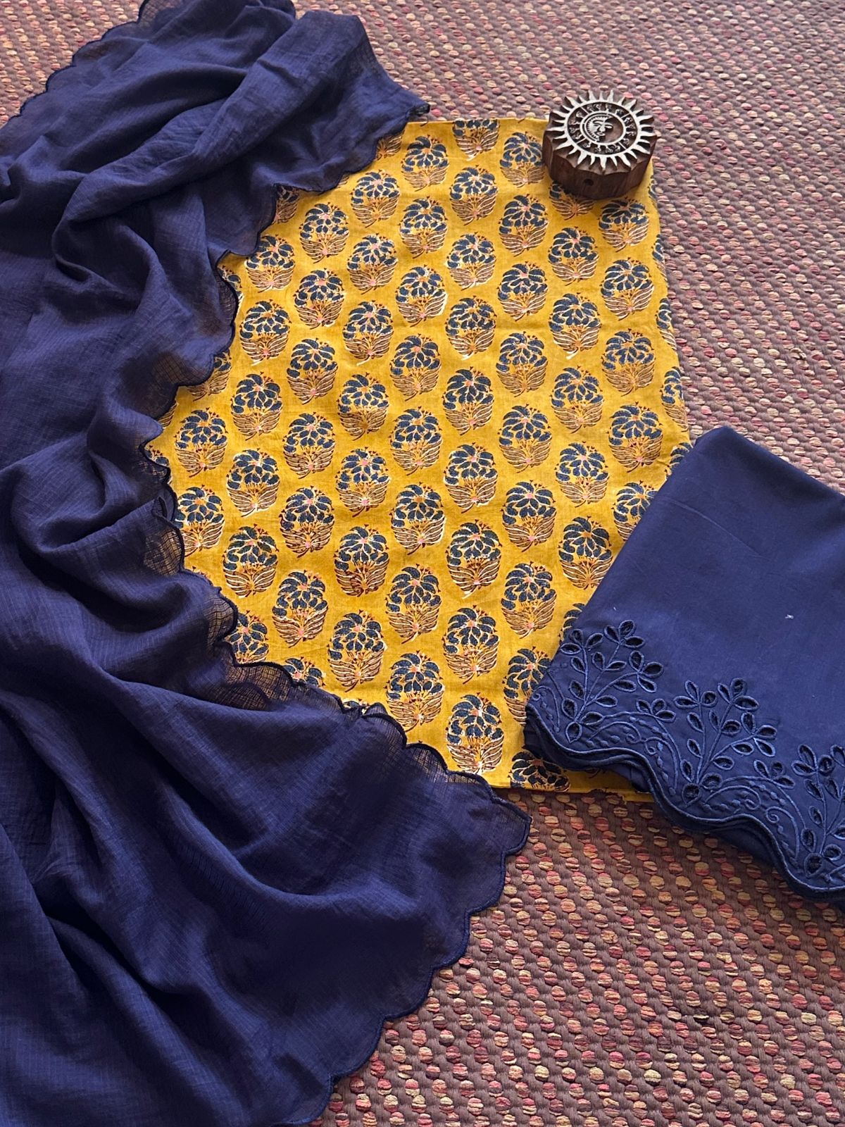 Pure Cotton Malmal Hand-blocked Fabric with Cutwork Bottom & Kota Doria Dupatta