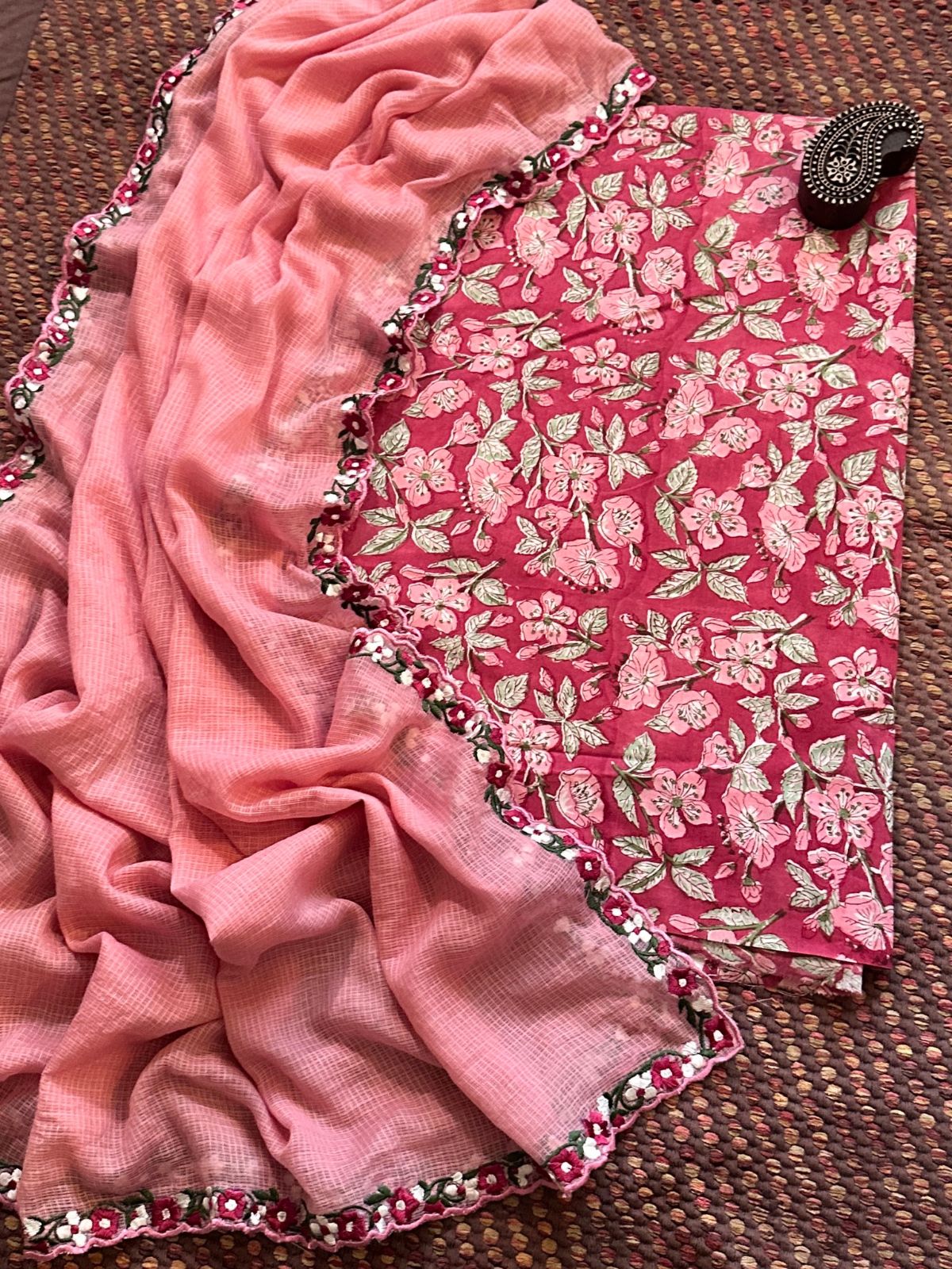 Pure Cotton Hand-blocked fabric set with Embroidered Dupatta