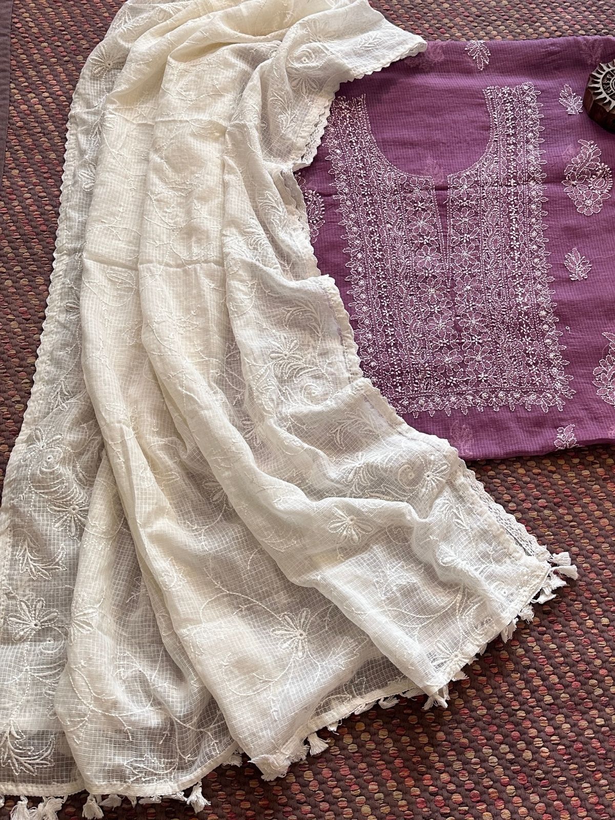 Chikankari Hand Embroidered Fabric with Kota Embroidered Dupatta