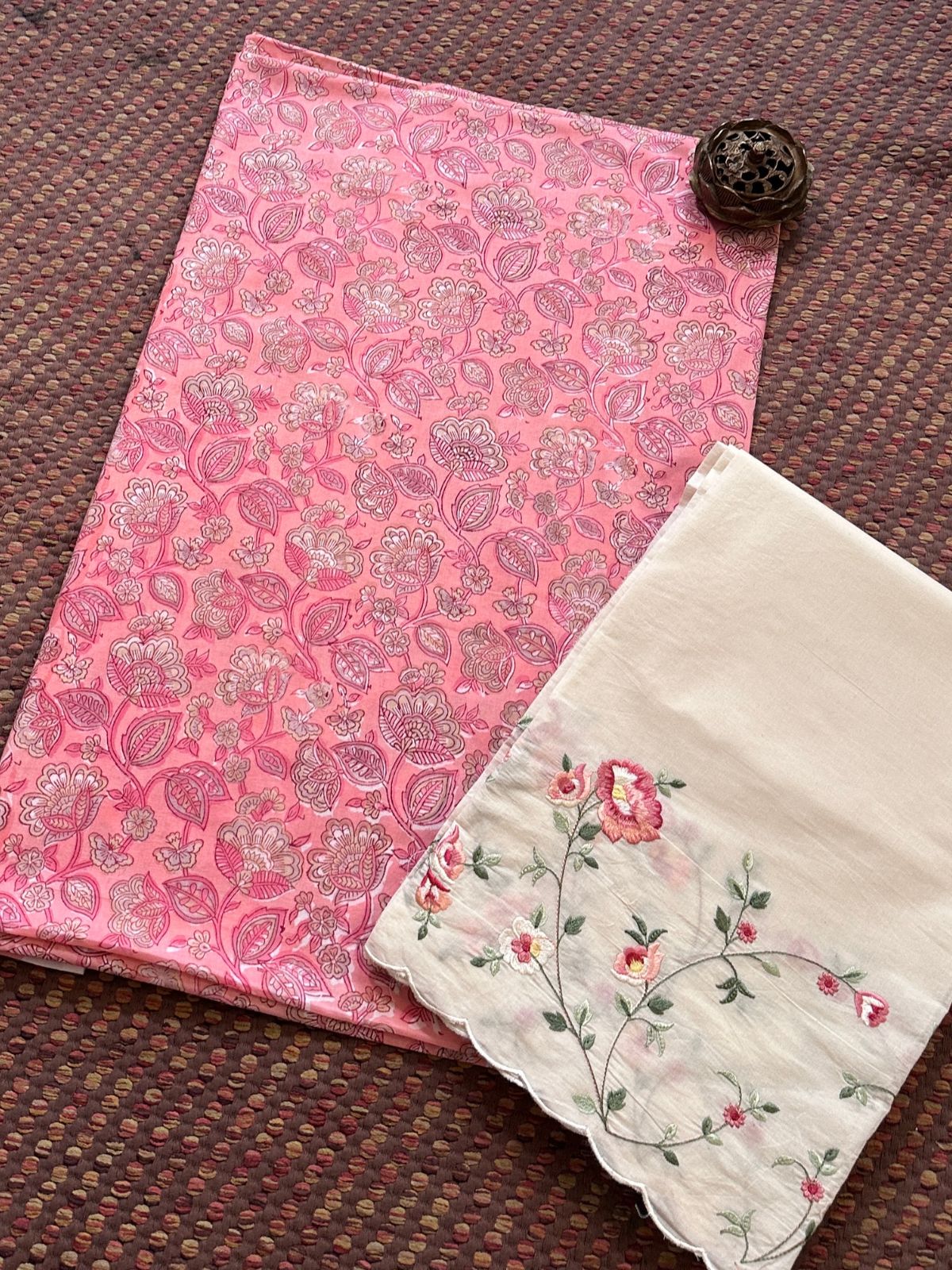 Pure Cotton Hand-blocked Fabric with Embroidered Bottom