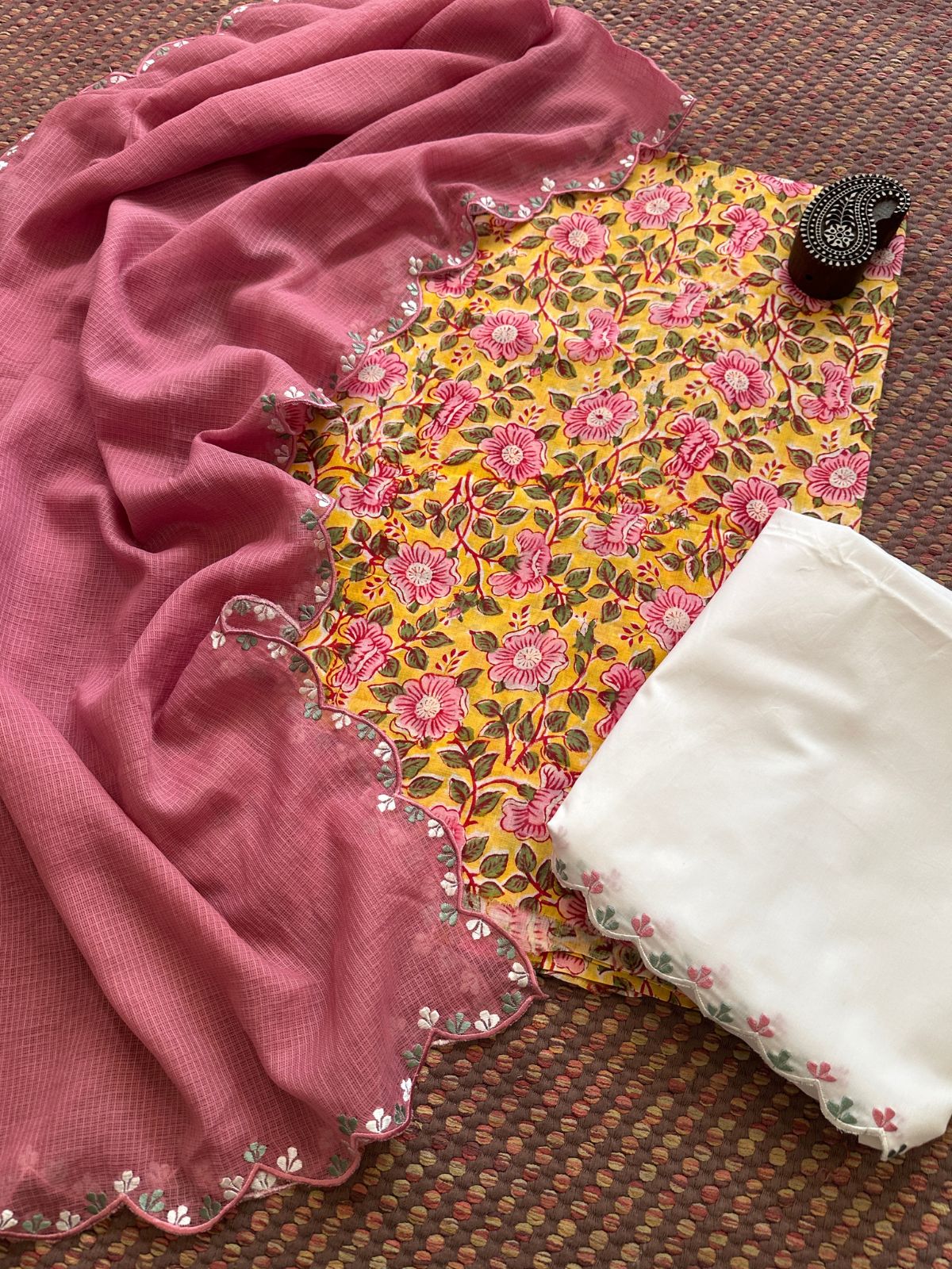 Pure Cotton Hand-block Fabric with Exclusive Embroidered Bottom & Kota Doria Dupatta