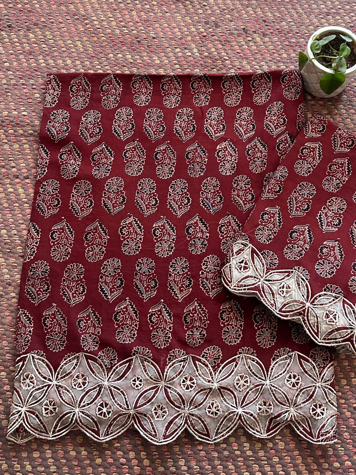 Exclusive Cutwork embroidered Ajrak Cotton Malmal Coord Set