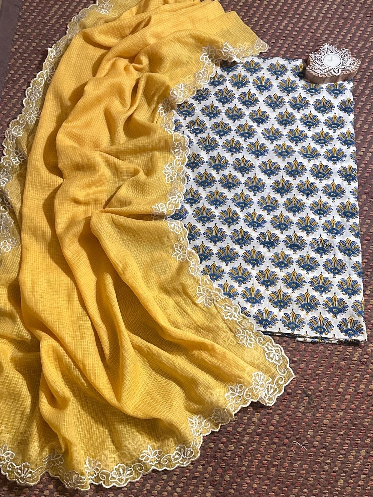 Pure Premium Cotton Malmal Handblock Fabric with Embroidered Dupatta.