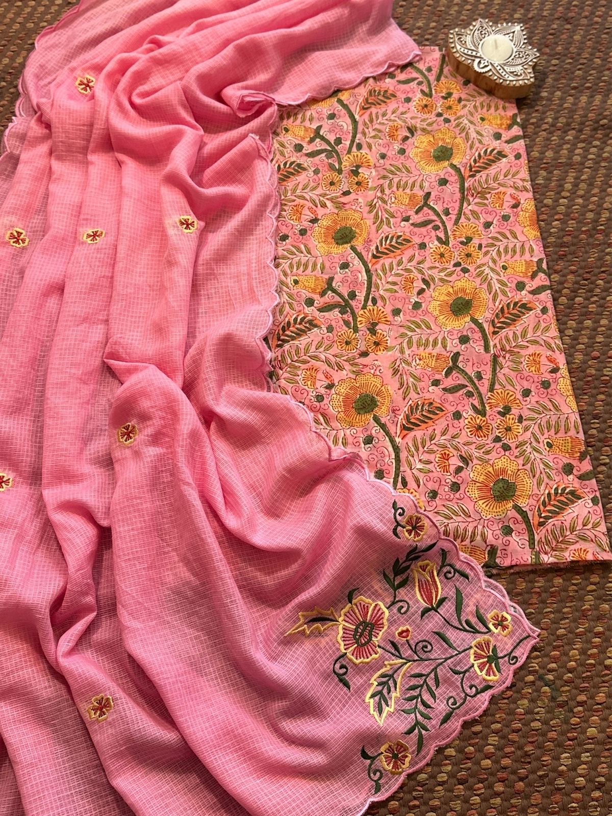 Pure Cotton Malmal Handblock Fabric with Embroidered Dupatta.